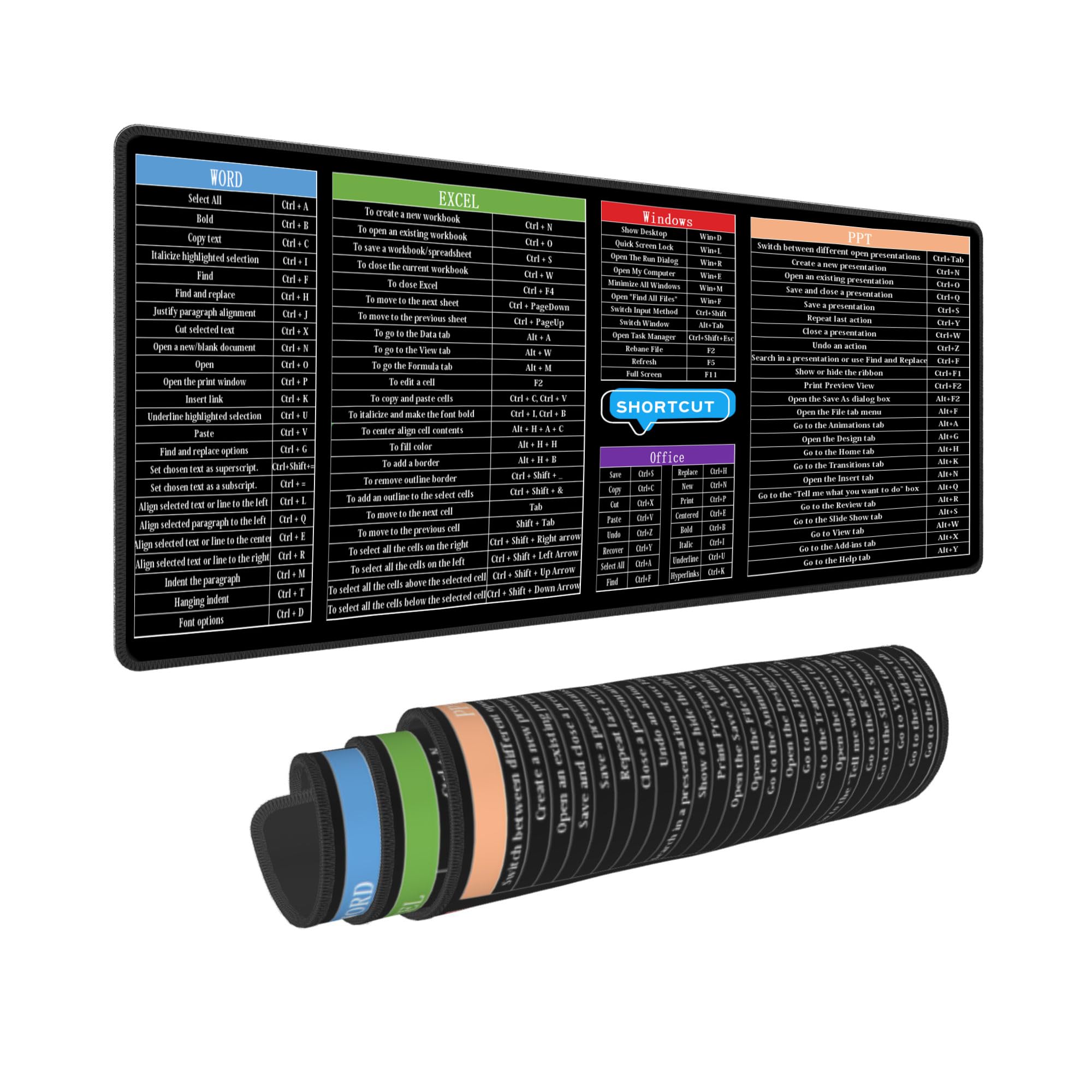 Computer Office Power Point Excel Word Short Cut Shortcuts Keys Gaming Keyboard Mouse Pad Mousepad Huge Extended XL Stitched Edge Rubber Sole for Home Office(31.5"X 11.8")