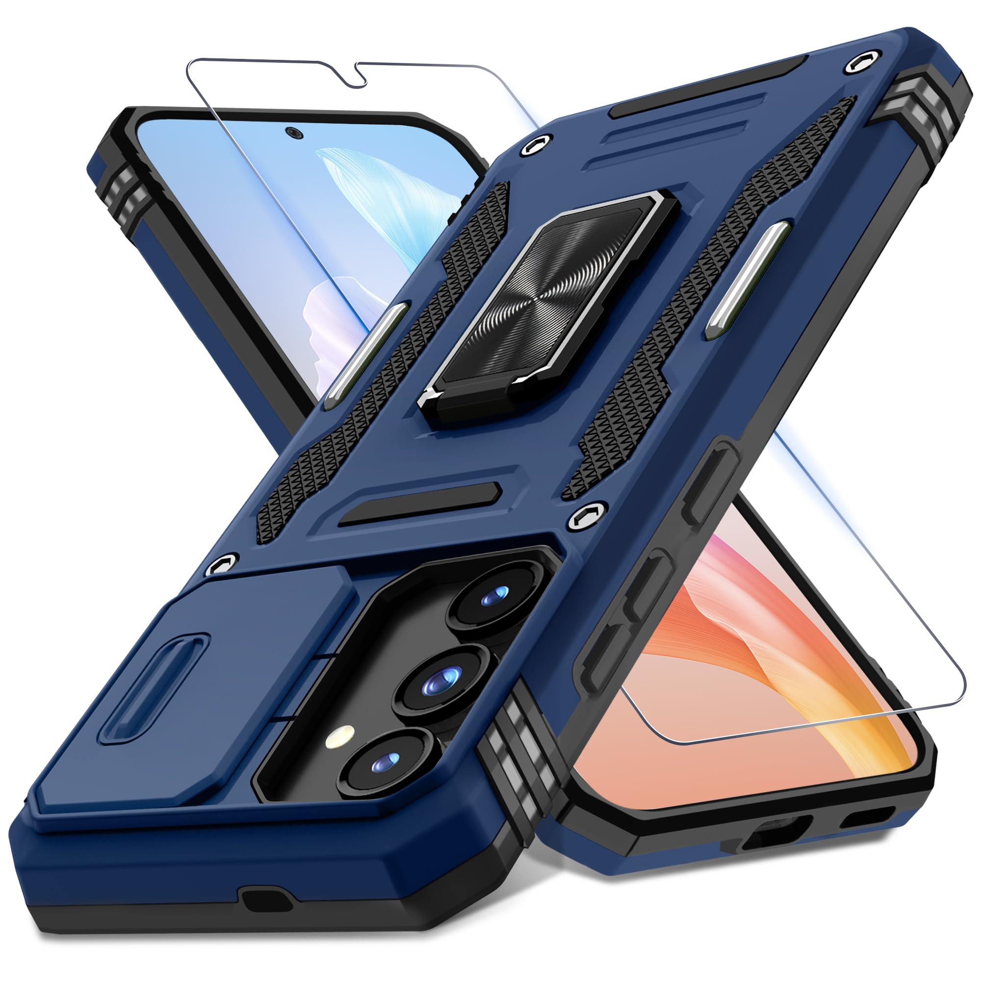 DEERLAMN Case for Samsung Galaxy S24 6.2-Inch with Slide Camera Cover+Screen Protector(1 Pack), Rotated Ring Kickstand Military Grade Shockproof Protective Cover-Navy Blue