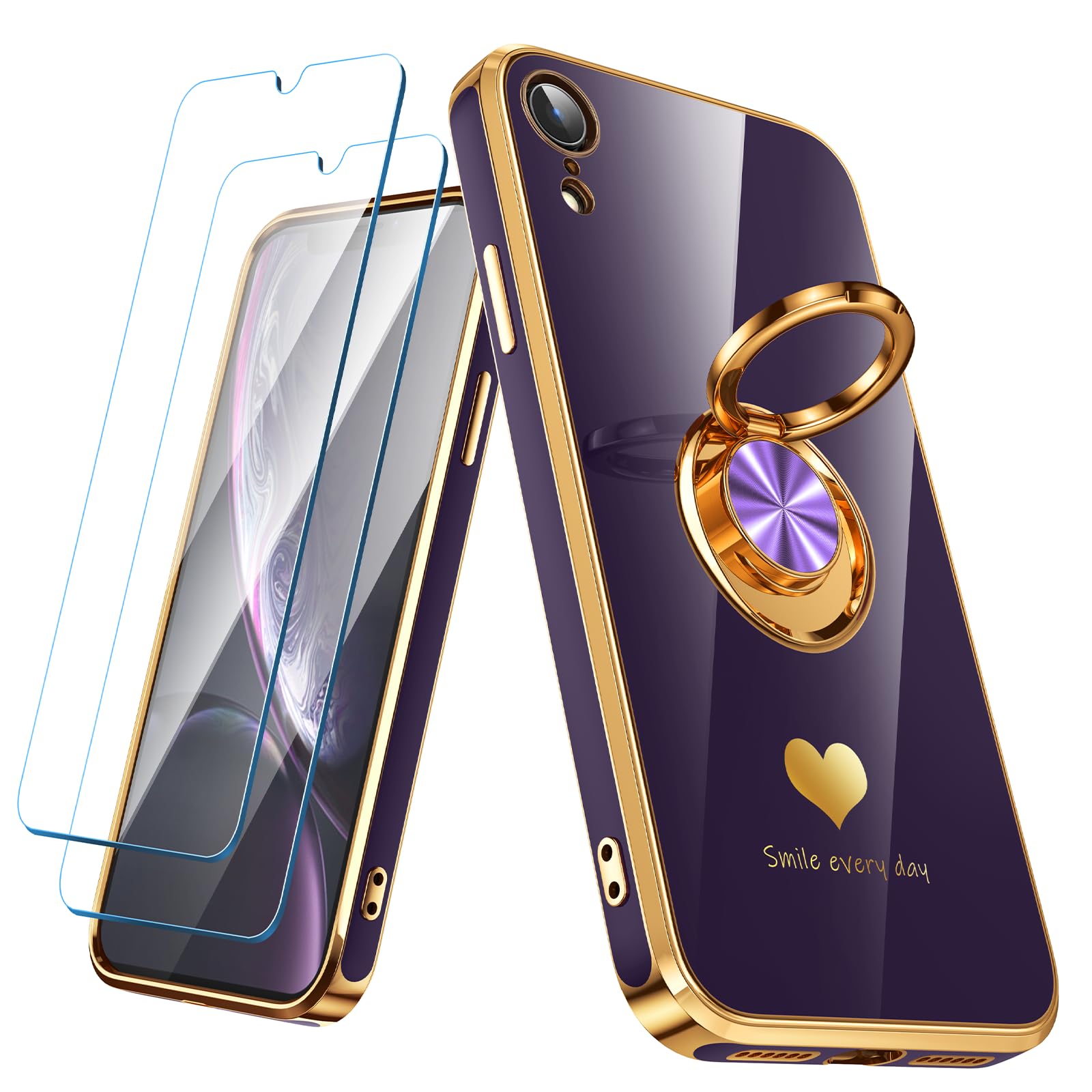 Nonional Compatible for iPhone XR Case with 2 Pack Screen Protector, 360° Rotatable Ring Holder [Luxury Hearts Pattern] Plating Gold Edge Slim Soft Phone Cover Case for iPhone XR - Purple