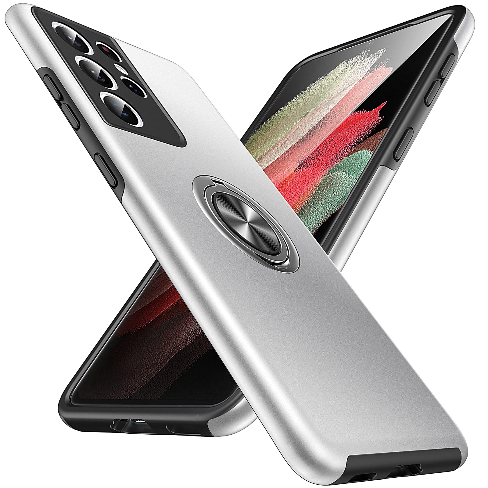 Anqrp Hidden Ring Serie Galaxy S21 Ultra 5G Case, [Embedded Kickstand][Military Shockproof] Rotate Magnetic Ring Stand Heavy Duty Multi-Layer Protective Cover for Samsung Galaxy S21 Ultra, Sliver