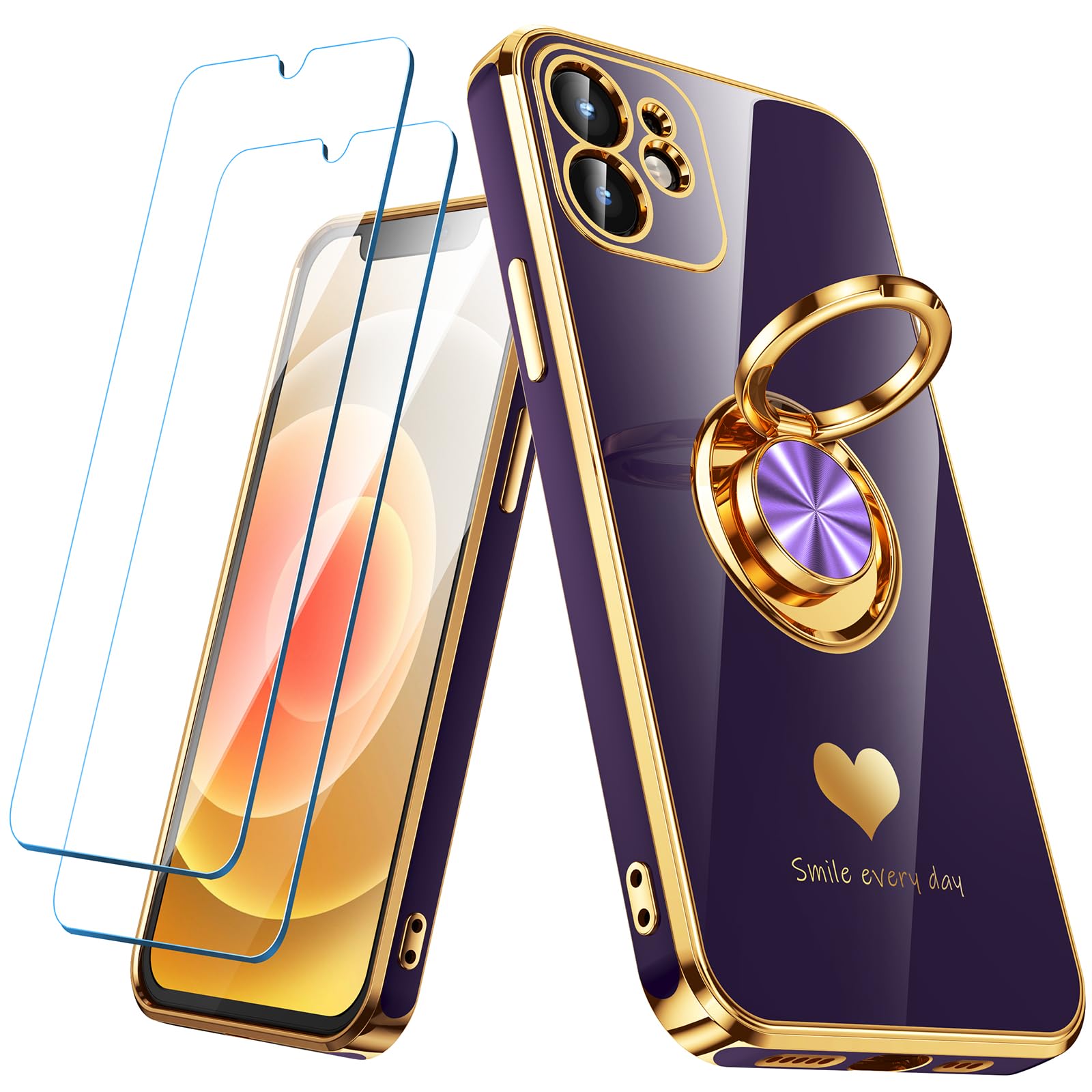 Nonional Compatible for iPhone 11 Case with 2 Pack Screen Protector, 360° Rotatable Ring Holder [Luxury Hearts Pattern] Plating Gold Edge Slim Soft Phone Cover Case for iPhone 11 - Purple