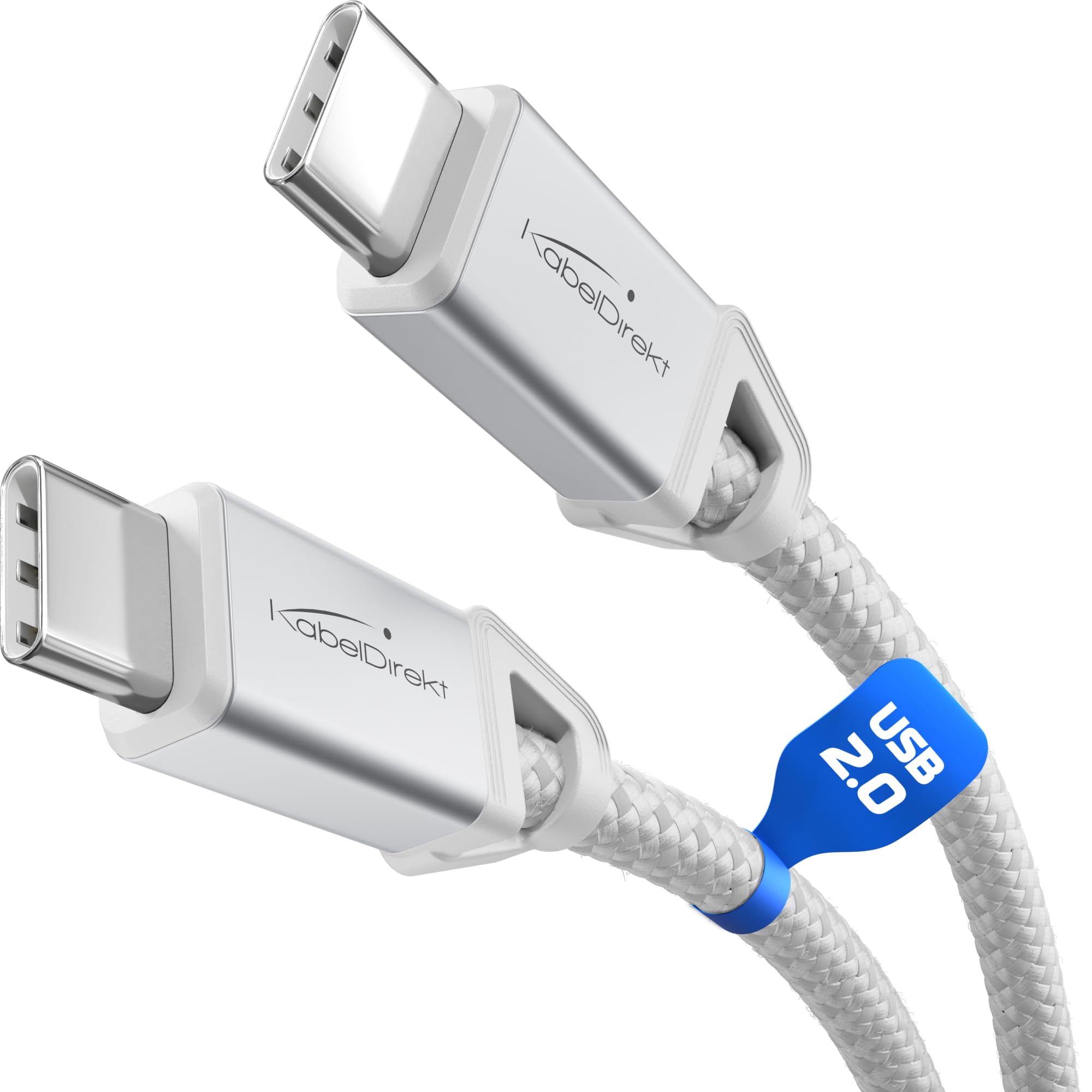 KabelDirekt – USB C Cable for Fast Charging, Break-Resistant Metal Plugs + Nylon Braiding, USB 2.0 – 2m (Charges Phones/Laptops with 60W, Highly robust, Works as Charging/Data Cable, White)