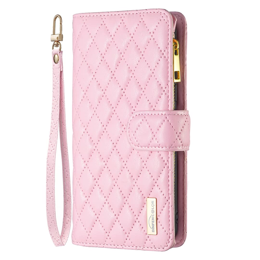 Samsung A34 5G Phone Case Zipper Flip Shockproof Leather Wallet Cover with Kickstand Card Holder Silicone Bumper Zip Pocket Folio Cases for Samsung Galaxy A34 5G Case for Girls Women, Pink