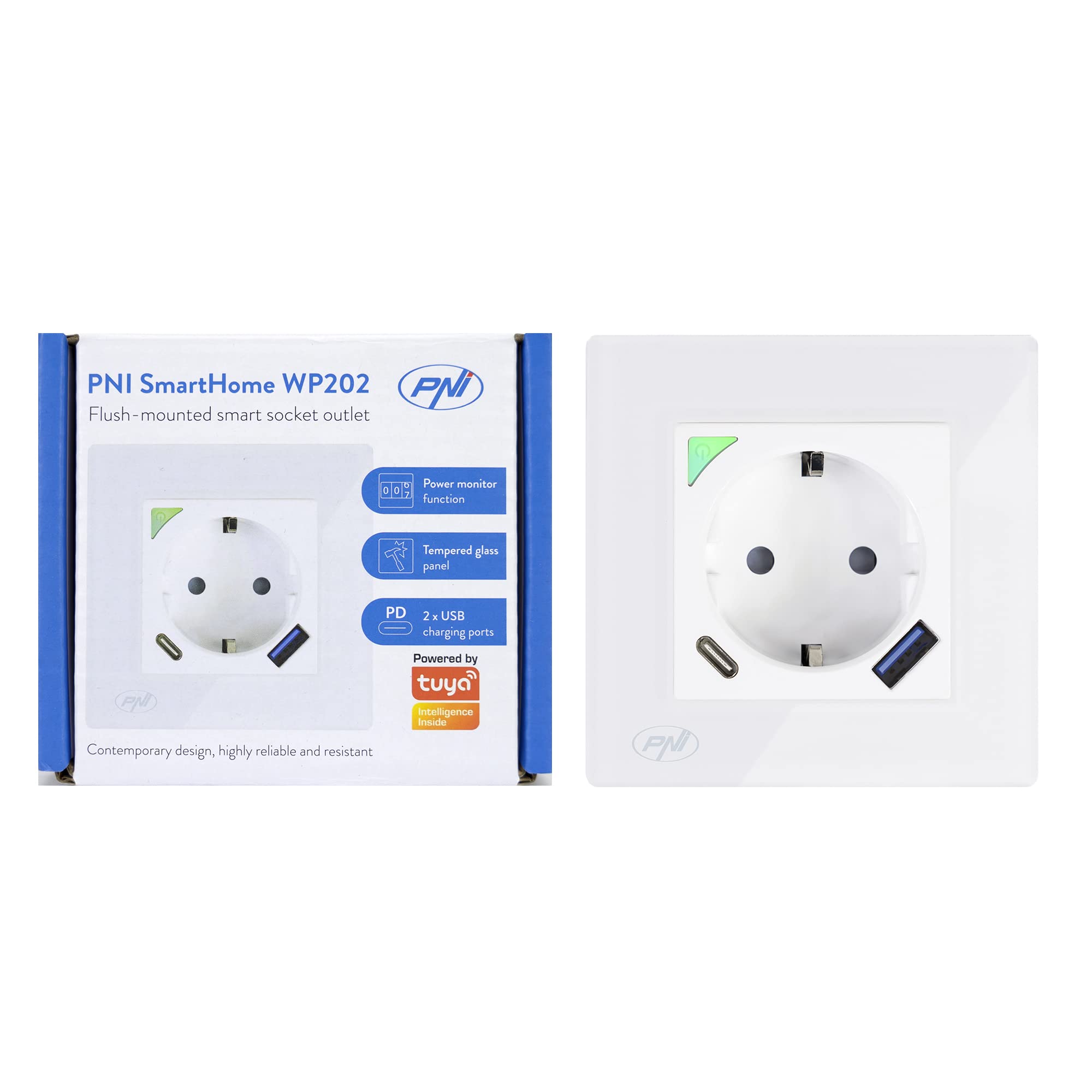 PNI SmartHome WP202 WiFi smart socket, buried mounting, internet control, dedicated Tuya Smart application, compatible with Amazon Alexa and Google Home