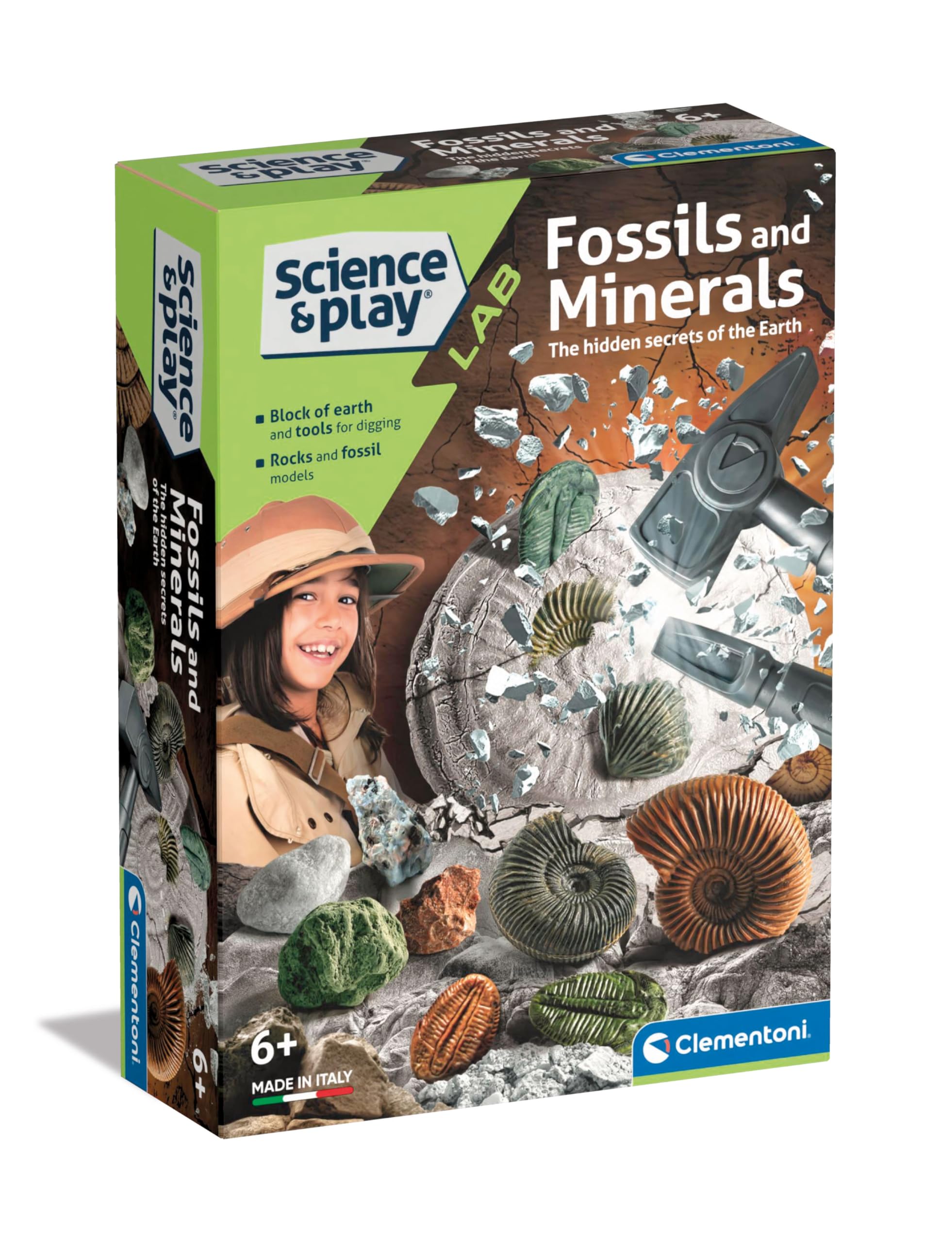 Clementoni- Science & Play: Lab-Fossils and Minerals-Dig Kit, Educational and Scientific, Archaeological Excavation Toy (6+ Years)