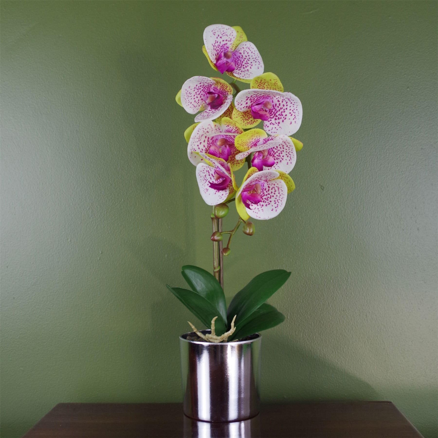 Leaf 46cm Artificial Orchid Harlequin Pink with Silver Pot