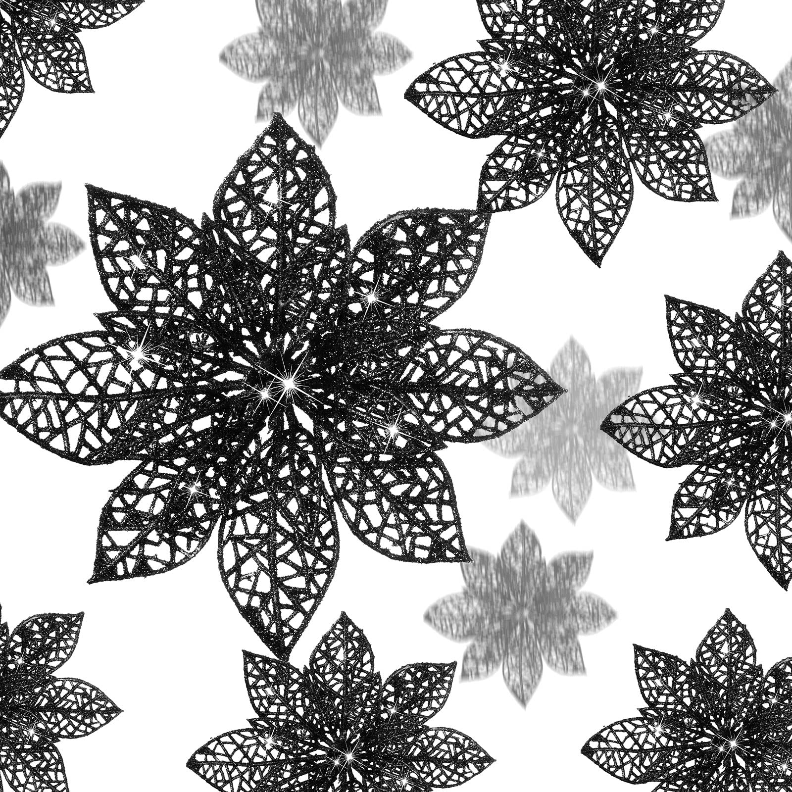 24 Pieces Glitter Poinsettia Christmas Tree Ornament Christmas Flowers Decor Ornament, 3/4/6 Inches (Black)