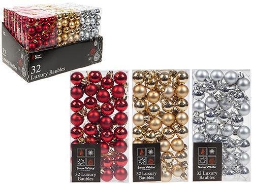 PMS SET OF 32 2.5CM BAUBLES IN PVC BOX AND PDQ 3ASSTD COLOUR