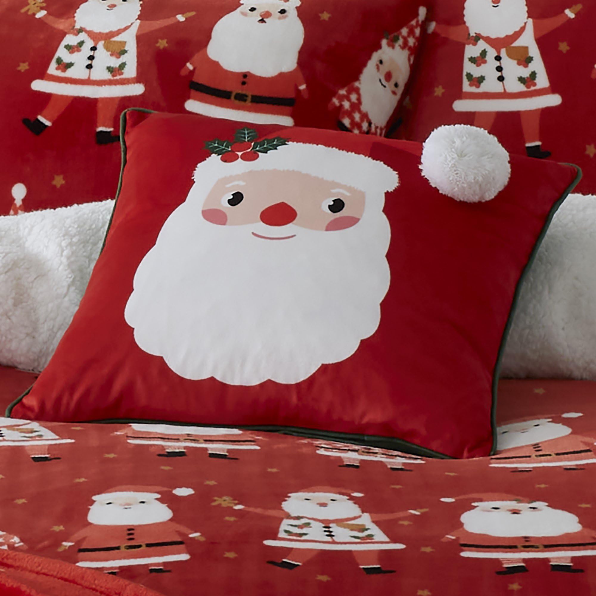 Bedlam - Santa Claus Cushion (43 x 43cm) - Filling Included - Pom Pom - Reversible (2 Colours) - Red Christmas Cushion with Cover Included/Cushion Insert - Christmas Decorations - Xmas Cushion