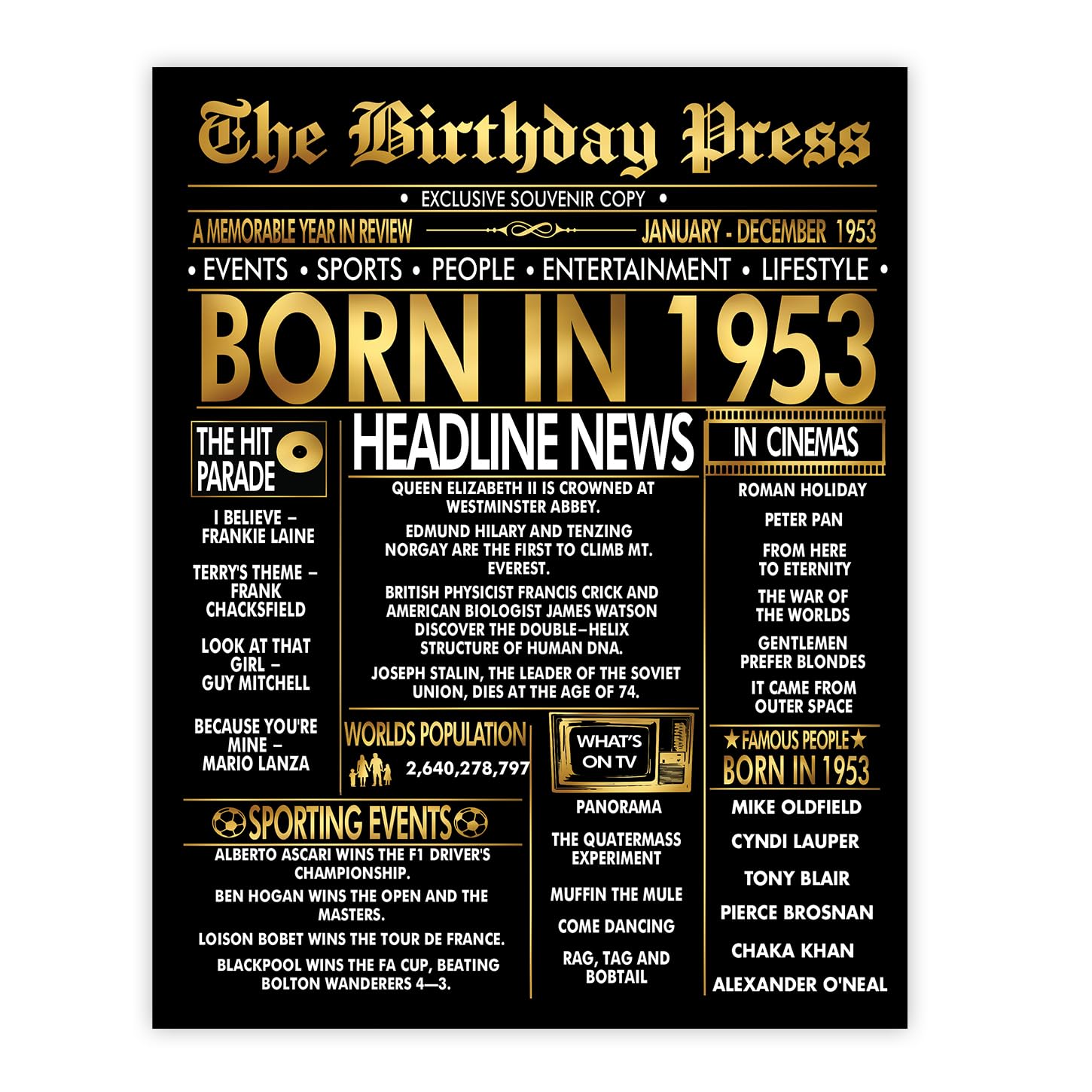 Stuff4 Gold 73rd Birthday Poster Unframed - Golden Born In 1953 Newspaper - Happy 73 Birthday for Men Women Retro Vintage Gifts Back In 1953, 8x10 Inch Bday Party Decor Decoration
