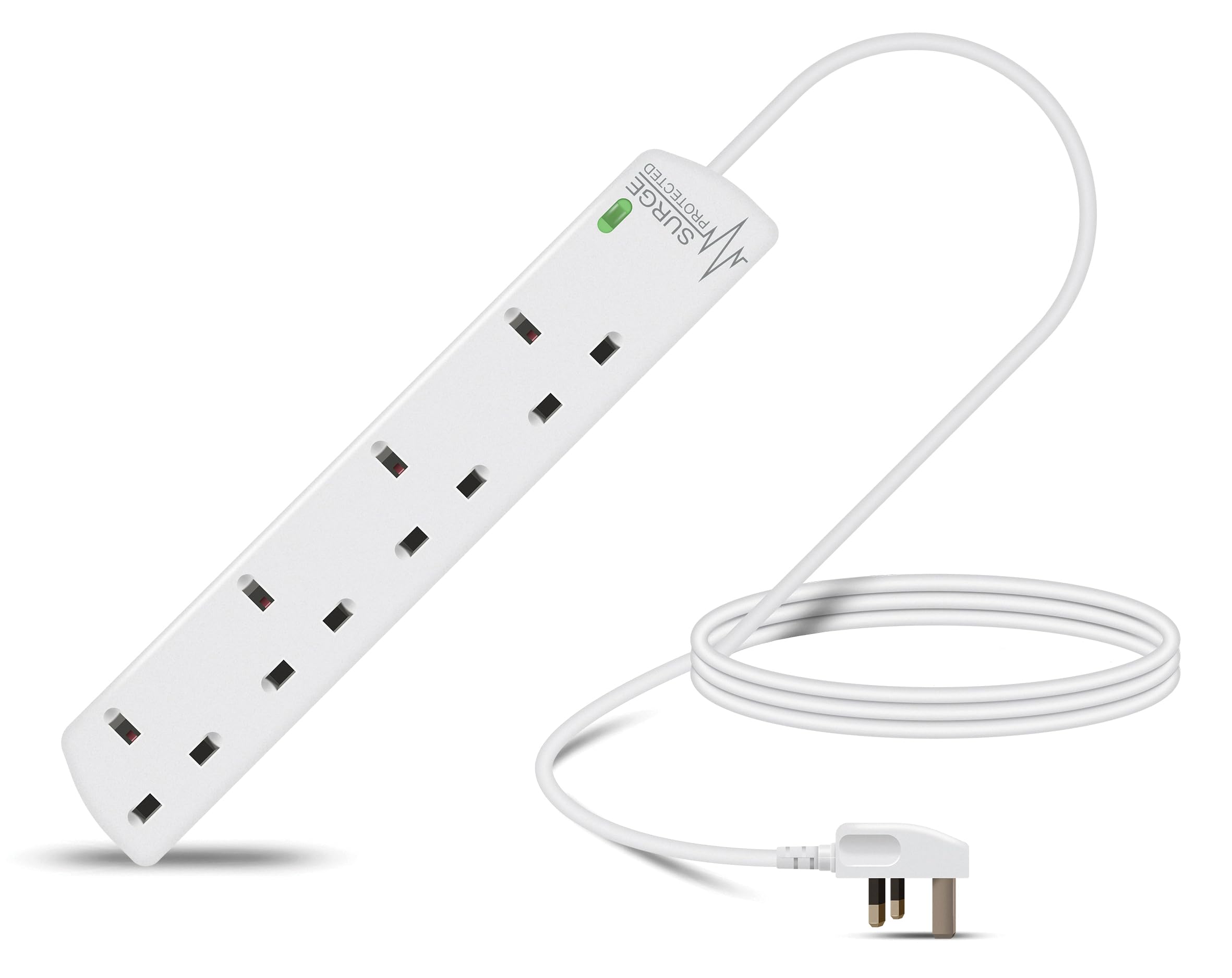 Eagle Four Gang Mains Power 13A Extension Socket with Neon and Surge Protection to 13A UK Plug Lead Cable, British Standards BS136 2m