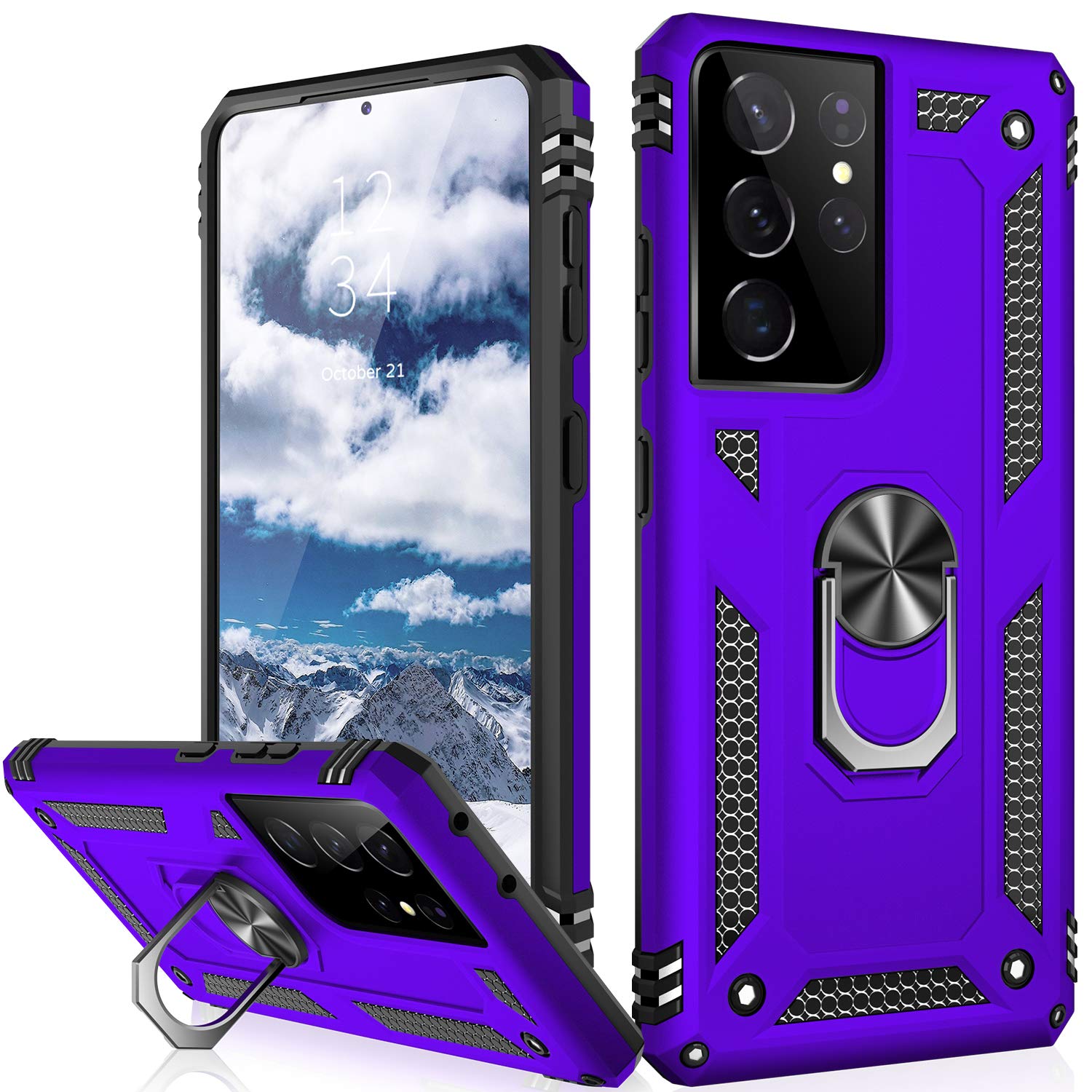 IKAZZ Galaxy S21 Ultra Case, Samsung S21 Ultra Cover Military Grade Shockproof Heavy Duty Protective Phone Case Pass 16ft Drop Test with Magnetic Kickstand for Samsung Galaxy S21 Ultra Purple