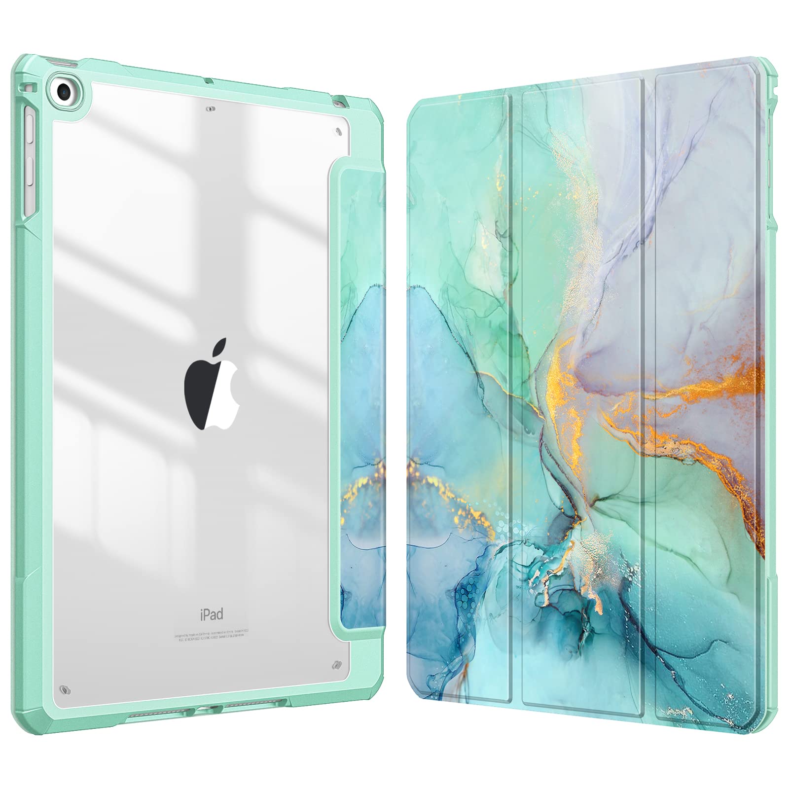 FINTIE Hybrid Case for iPad 6th/5th Gen (2018-2017) and iPad Air 2/Air 1 (2014-2013) - 9.7 Inch Shockproof Hard Shell Clear Cover with Pencil Holder, Emerald Marble