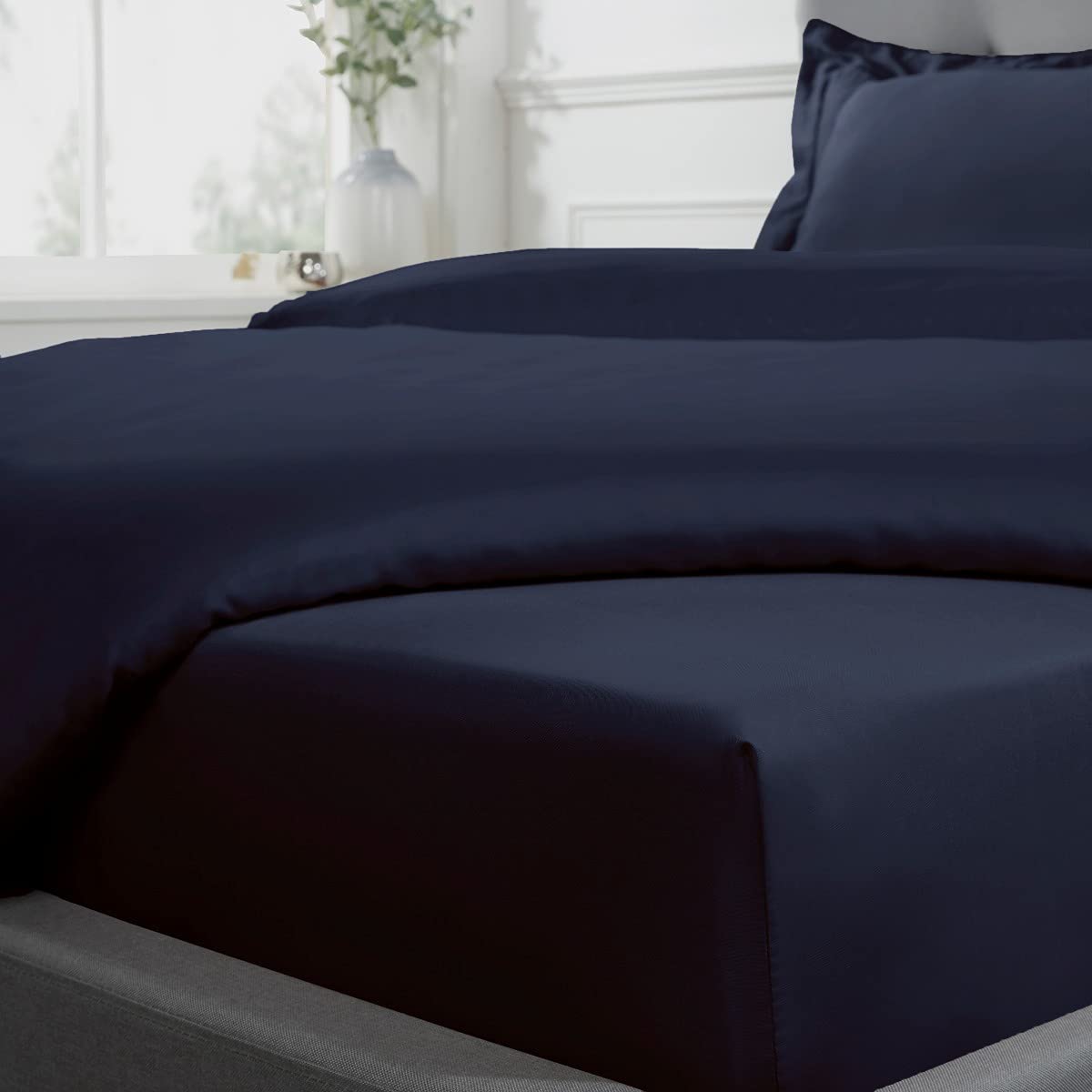 Sleepdown Fitted Sheet 100% Cotton Sateen Soft Cosy 16" 40cm Extra Deep 300 Thread Count Luxury Bedding Bedsheet Bed Linen - Navy Blue- Super King,5056242826118