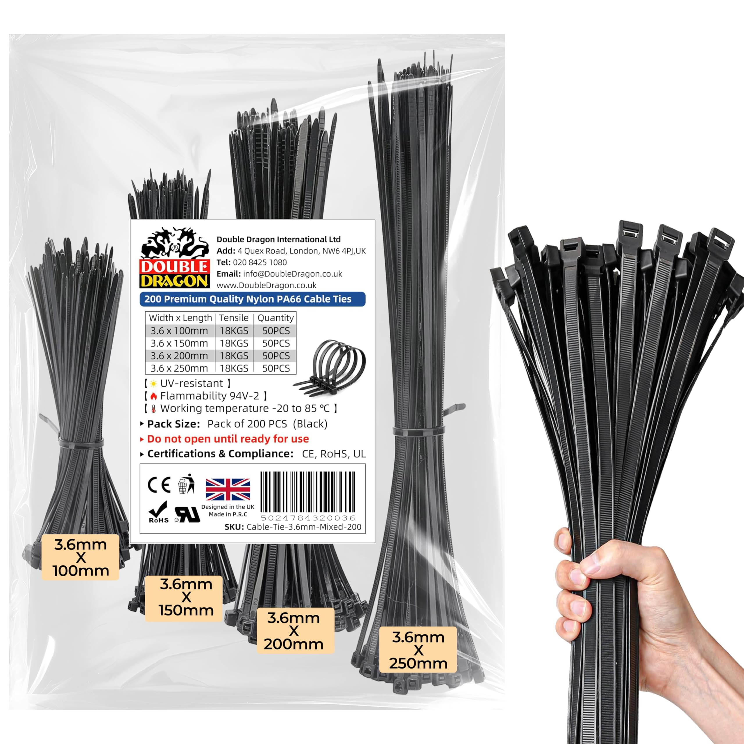 Double Dragon 3.6mm x 100/150/200/250mm (50 Each Size) Heavy‑Duty PA66 Nylon Cable Ties - 200 Pack | 18 kg (40 lb) Tensile Strength | UV‑ & Weather‑Resistant Self‑Locking Zip Ties | CE • RoHS • UL