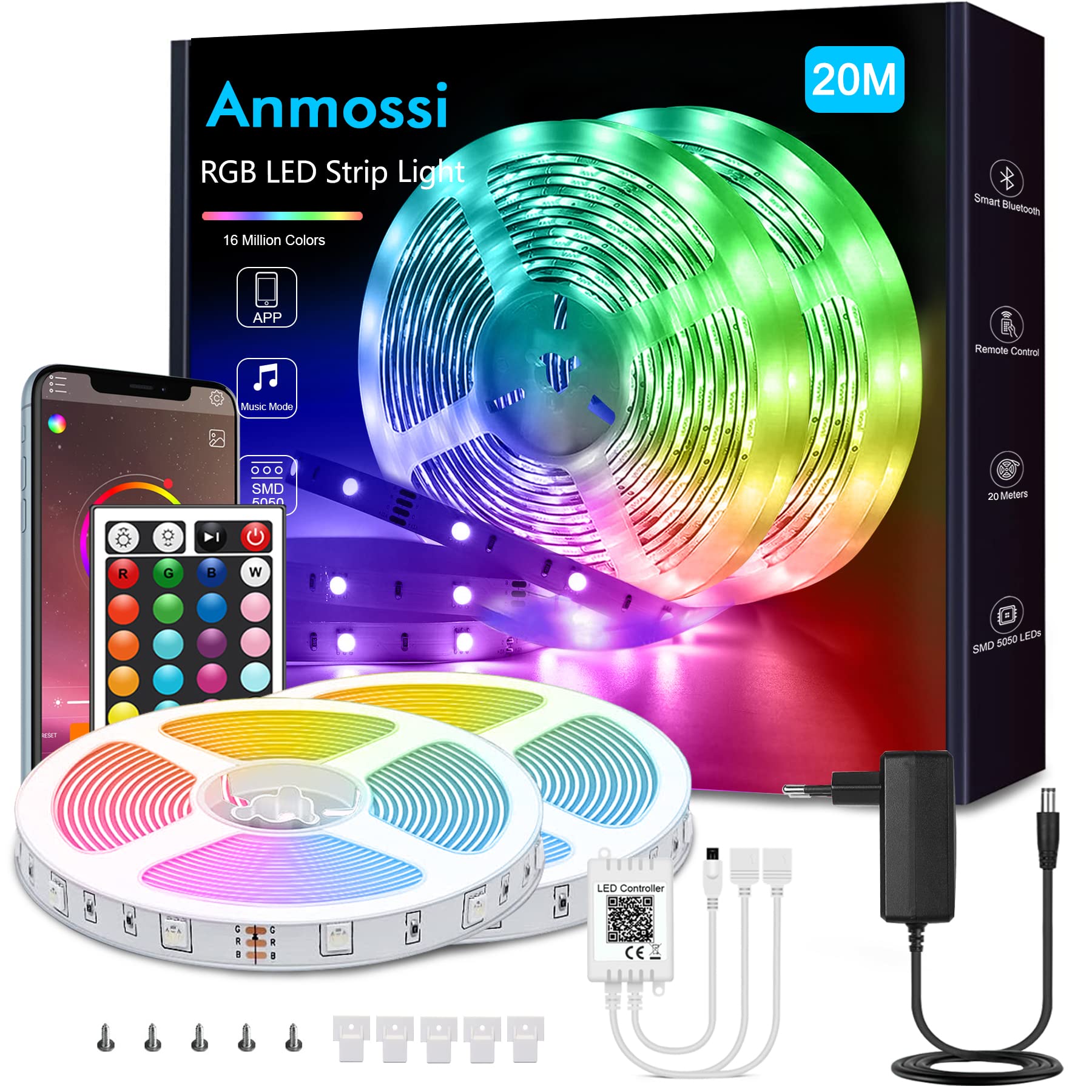 Anmossi LED Strip Light 20 Meters,Smart Bluetooth LED Strip Lights Music Sync,RGB Colour Changing LED Strip Light with Remote,App Control,Led Strip Light for Indoor,Bedroom,Living Room