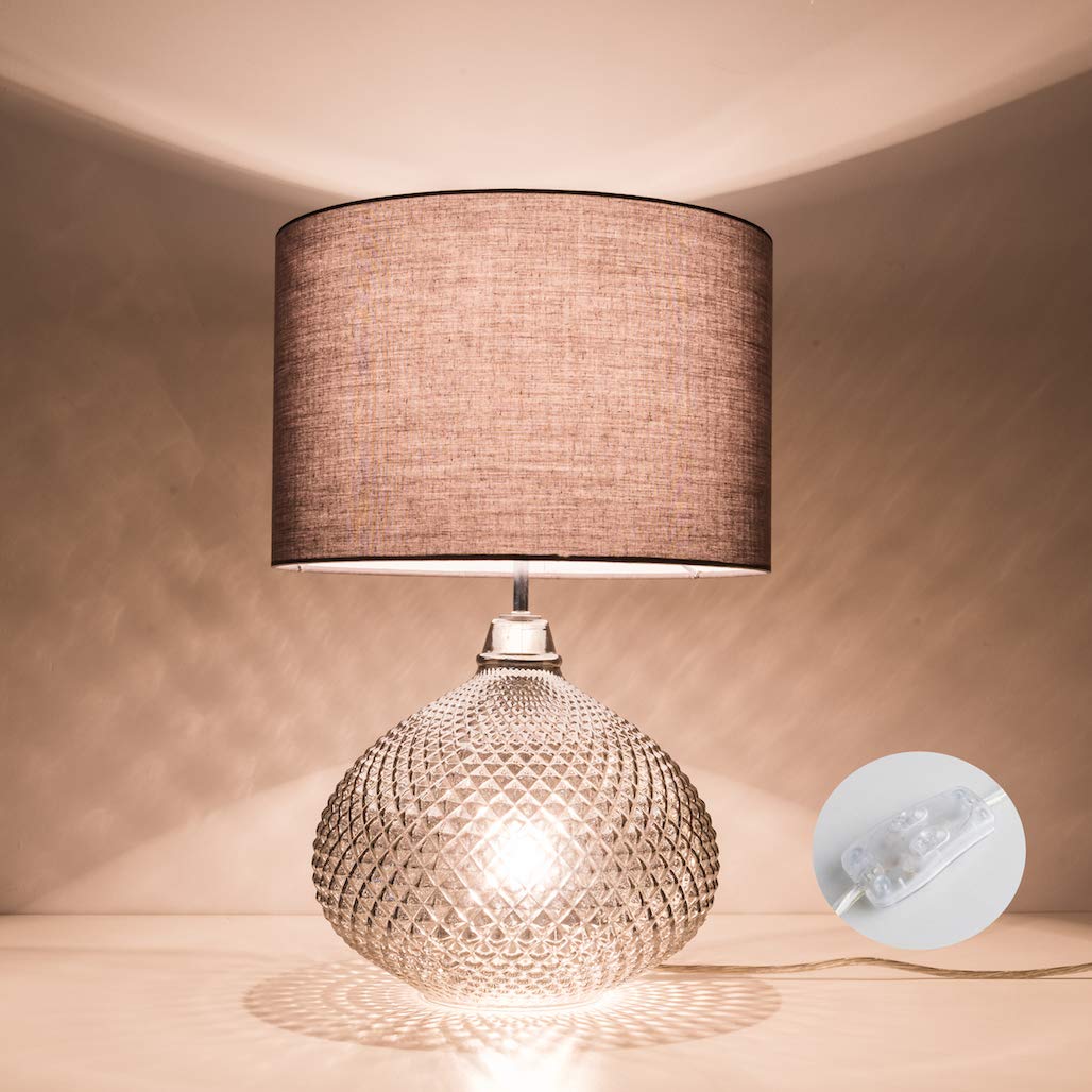 HARPER LIVING Pineapple Table Lamp with Twin On/Off Switches, UK/EU Plug, Smoked Glass Finish, Fabric Shade Grey Finish, Suitable for LED Upgrade, Ideal for Living Room, Bedroom, Hotel and B&B