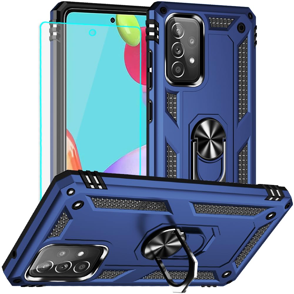 Yiakeng for Samsung A52s Phone Case with Screen Protector, Silicone Shockproof Military Grade Protective Phone Cover with Ring Kickstand for Samsung A52 5G (Blue)