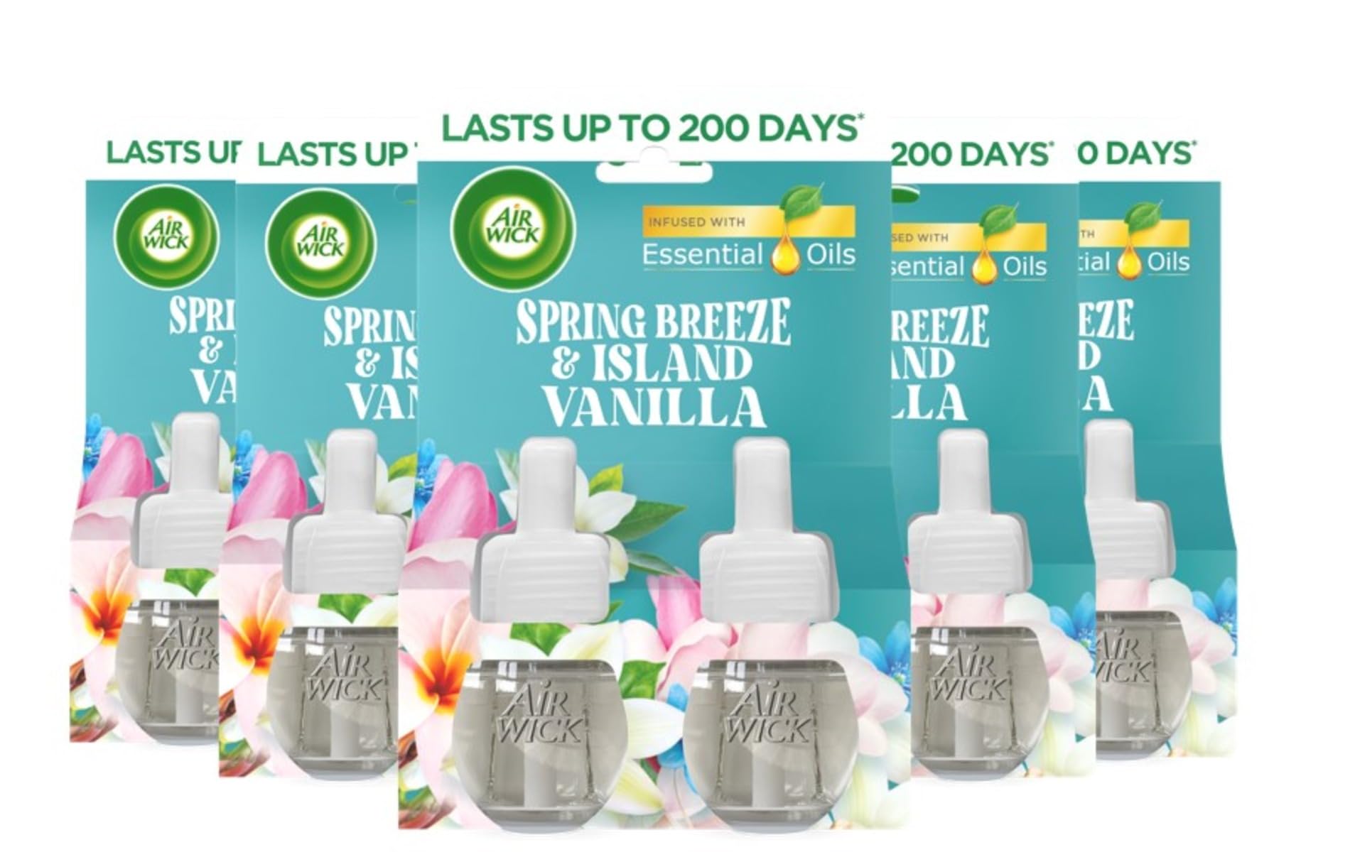 Air Wick Plug in Diffuser Twin Refill, Spring Breeze and Island Vanilla, Pack 2 x 19ml, Long Lasting Fragrance, Lasts up to 200 Days, Plug in Air freshener