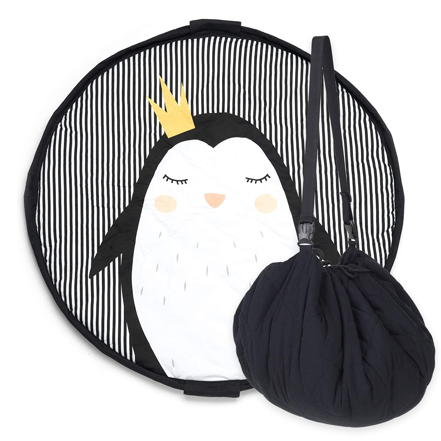 Soft Baby Play Mat and Toy Storage Organizer - 1" Thick Cotton Floor Activity Mat for Toddlers and Infants - Large Drawstring Portable Bag for Kids Supplies, Toys, Clothes and Diapers - Pinguin