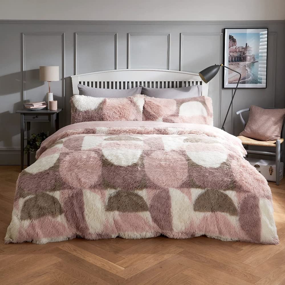Sleepdown Curved Geo Shaggy Faux Fur Fleece Thermal Warm Cosy Super Soft Duvet Cover Quilt Bedding Set with Pillow Cases-Double (200cm x 200cm) -Blush Pink, Polyester