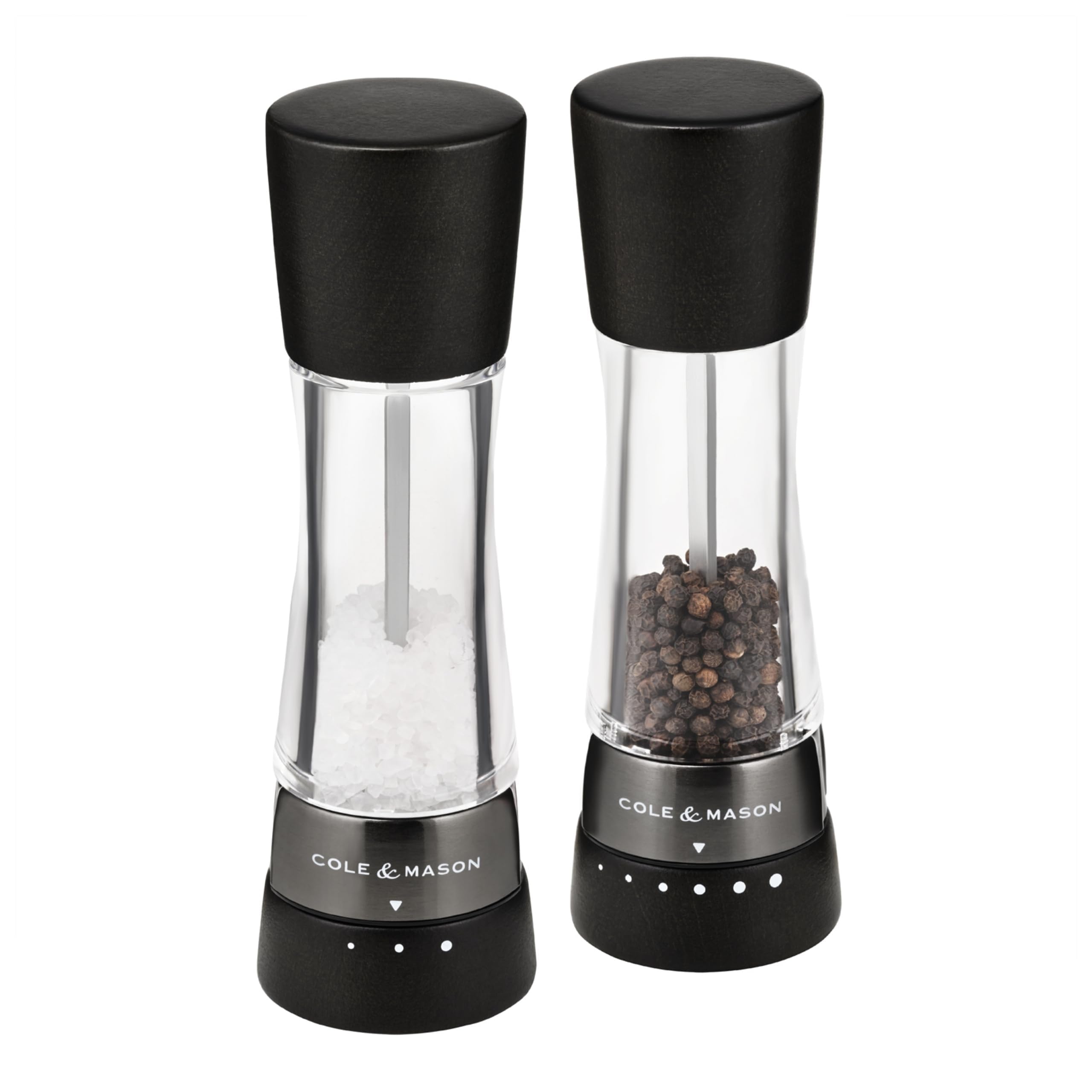 Cole & Mason H332293 Derwent Black Wood Salt and Pepper Mills, Gourmet Precision+, Adjustable Grind, Stained Beech/Acrylic, 190 mm, Gift Set, Includes 1 Salt and 1 Pepper Grinders