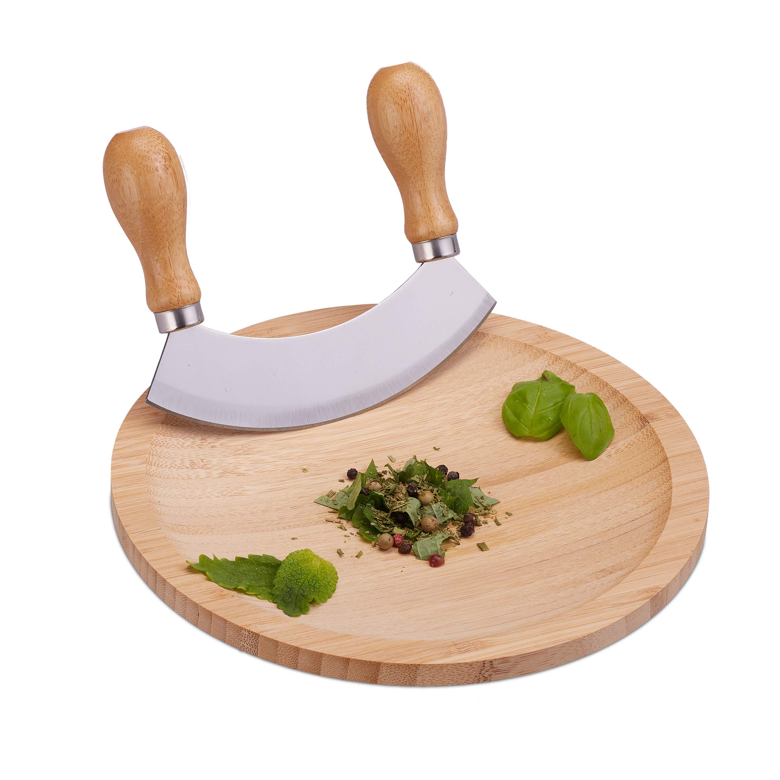 Relaxdays Chopping Knife with Board, Single Edge Blade for Herbs, with Trough, Stainless Steel and Bamboo, HxD: 2 x 20 cm, Natural