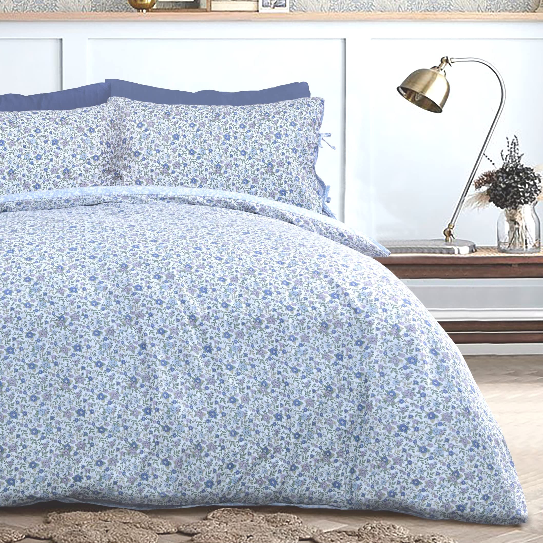Sleepdown Ditsy Flowers Blue White Reverse Soft Easy Care Duvet Cover Quilt Bedding Set Pillowcase with Ties -Super King (260cm x 220cm)
