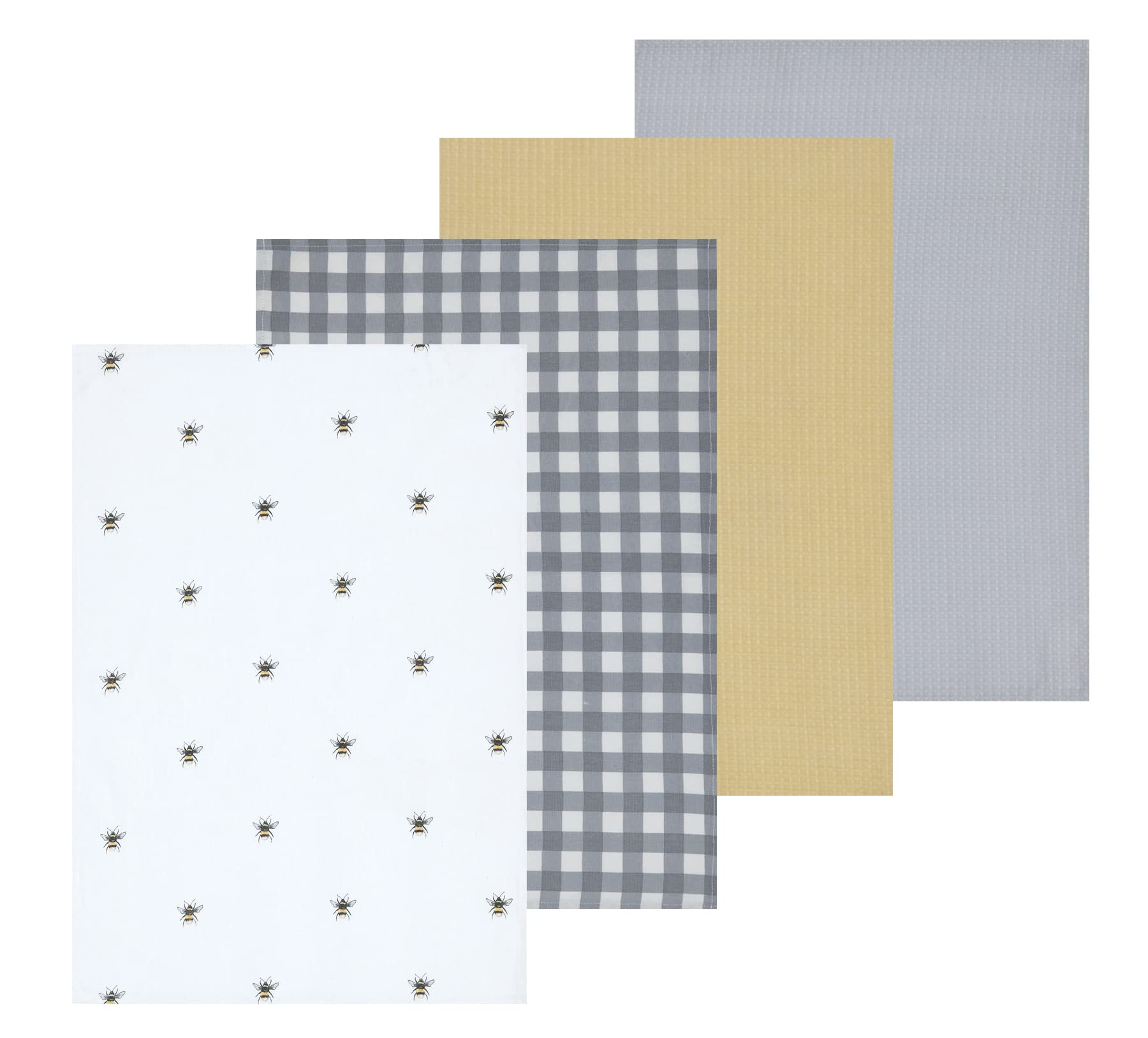 Sleepdown Bubble Bee Printed & Waffle Tea Towels 100% Cotton Half Panama - Super Absorbent Luxury Hotel Quality Kitchen Towel - Pack of 4 - White - 46cm x 65cm