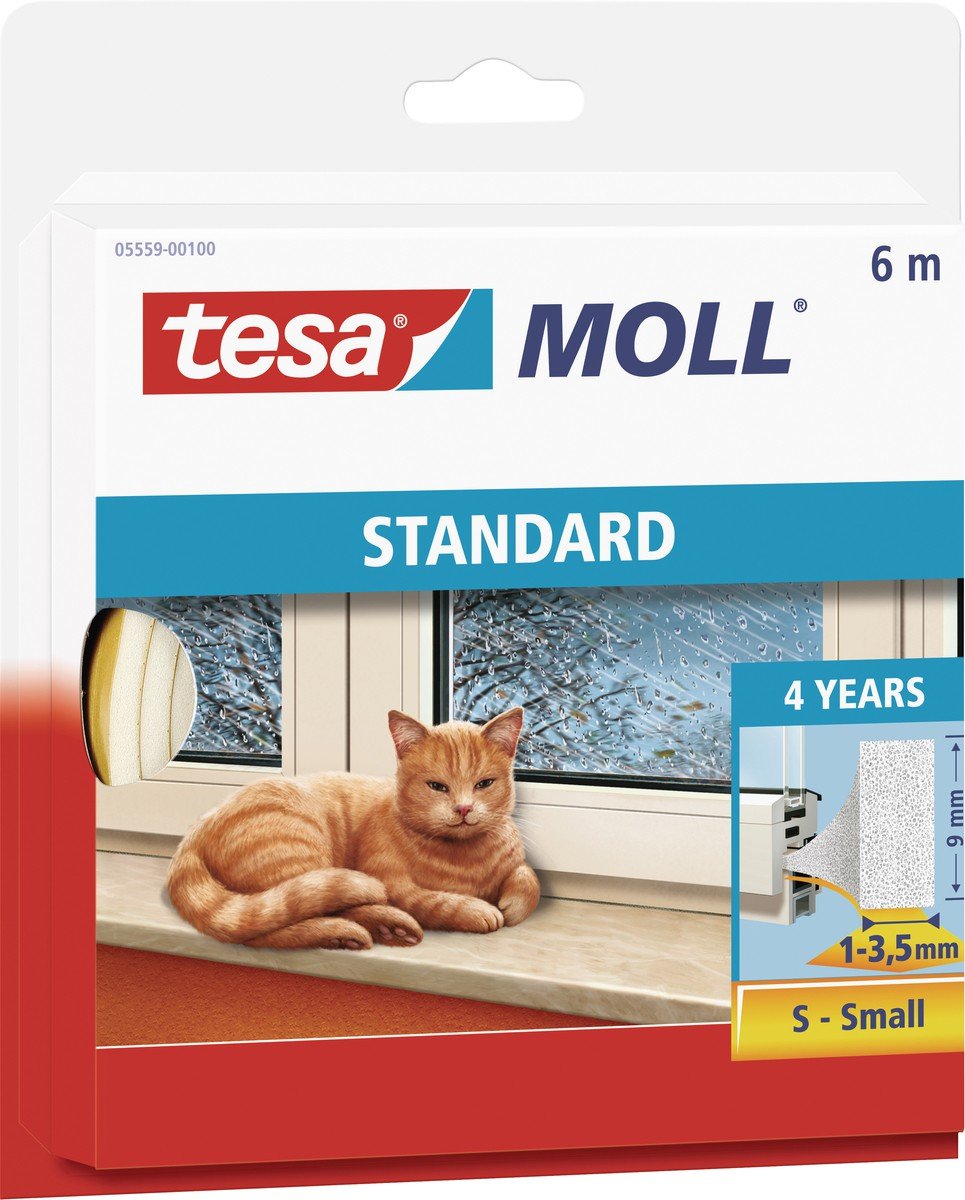 tesamoll STANDARD I-Profile - Foam Sealing Tape for Insulating Gaps in Home Windows and Doors, Self-Adhesive - White, 6 m x 9 mm x 4 mm