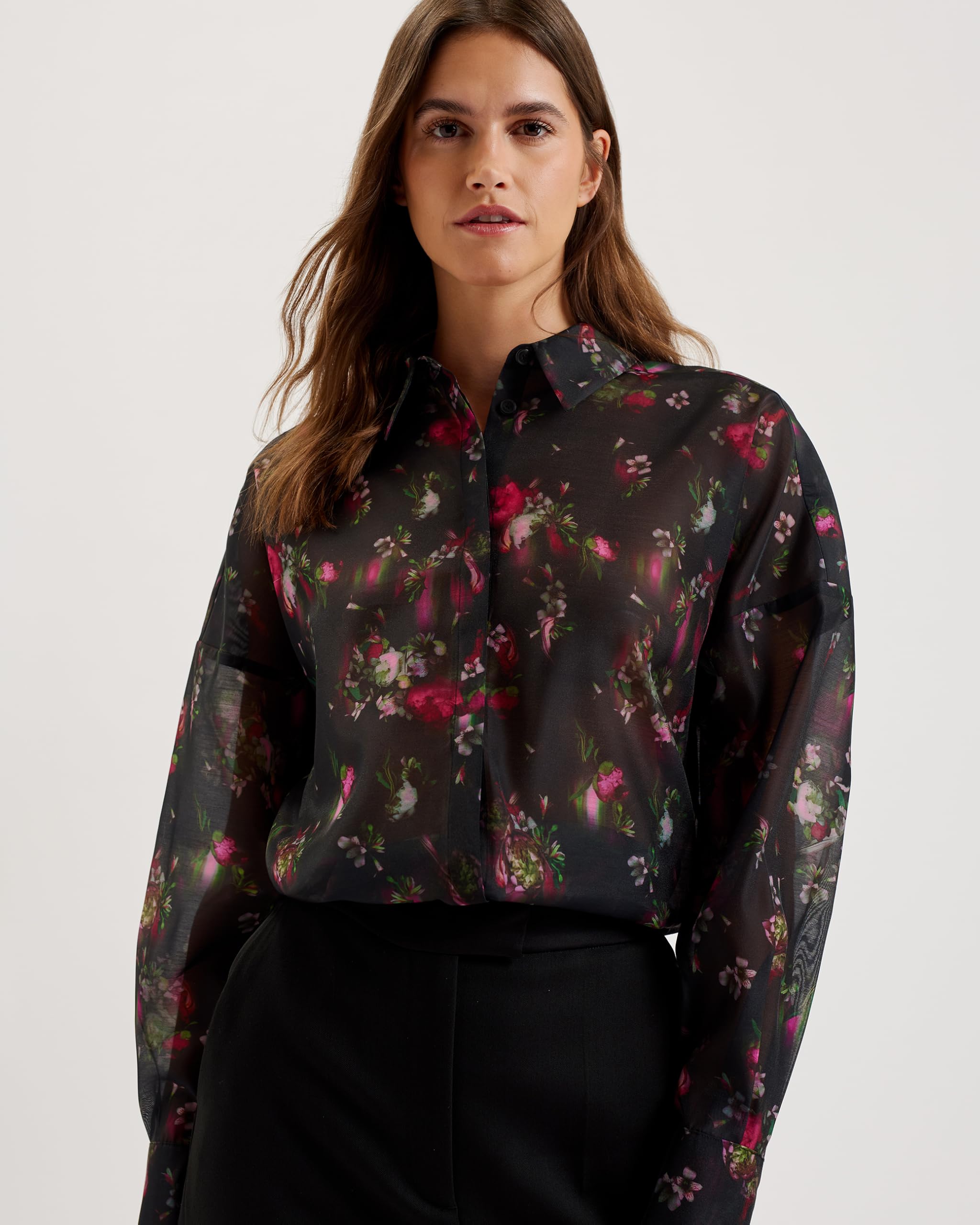 Ted Baker Womens Wmb-atuel-Oversized Printed Long Sleeve Dress Shirt, Black, 14 UK