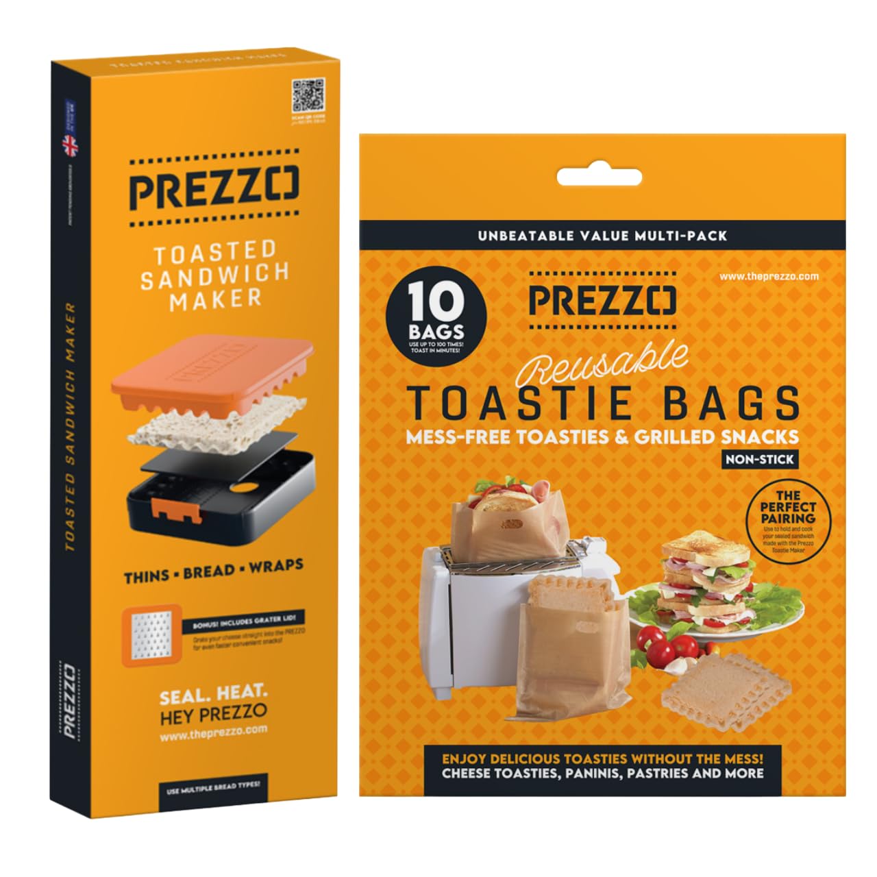 The PREZZO® Sandwich Crimper - Toastie Maker for Thins PLUS x10 Reusable Toastie Bags Non-Stick, Heat-Resistant & Easy to Clean 100+ Use Ideal for Toasters, Air Fryers & Grills (16cm x 16.5cm)