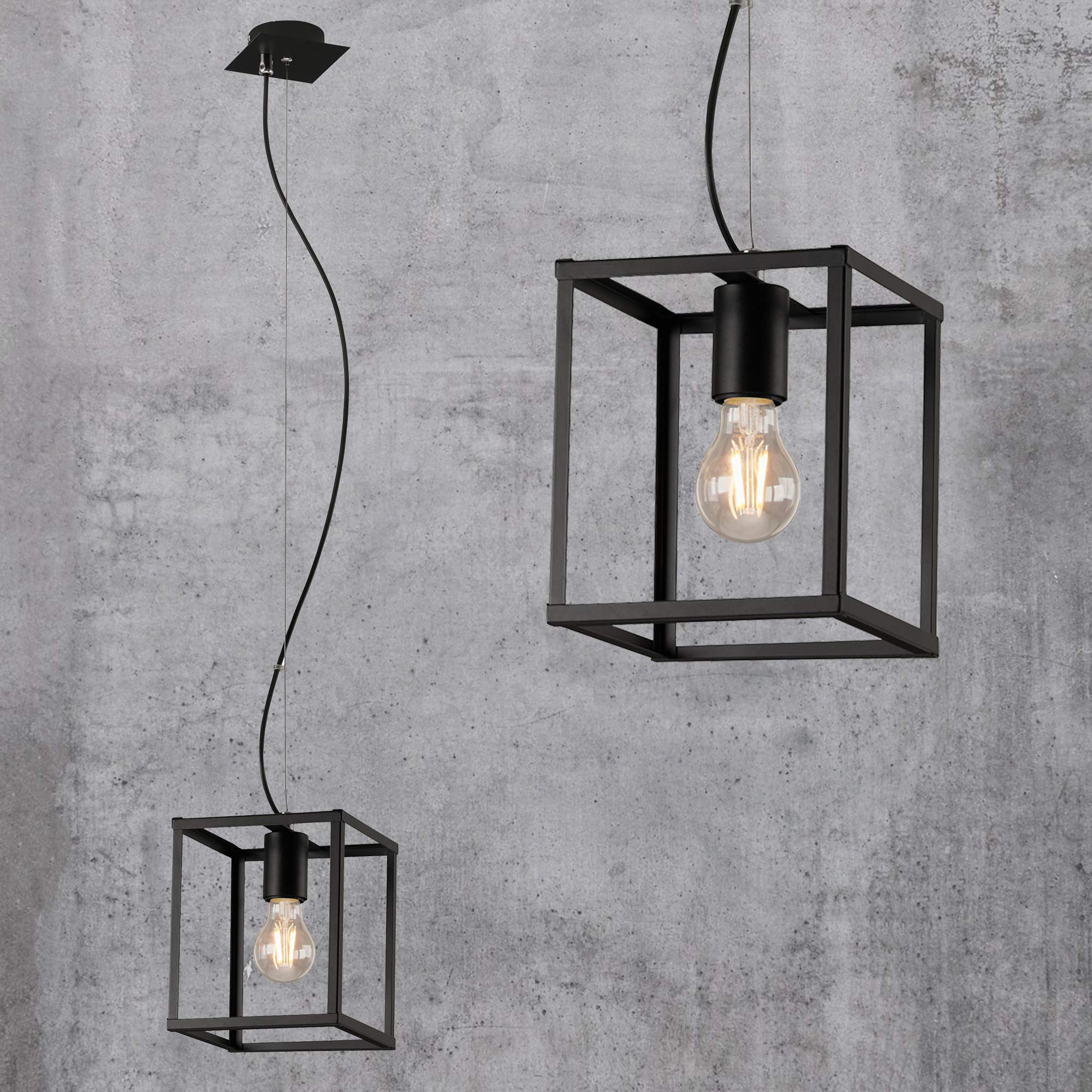 BRILONER Leuchten Pendant lamp, 1-Bulb Pendant lamp, Retro/Vintage Pendant Light, Black Steel, 1x E27, max. 40 Watt, Black, 170x170x1200mm (LxWxH), 4020-015