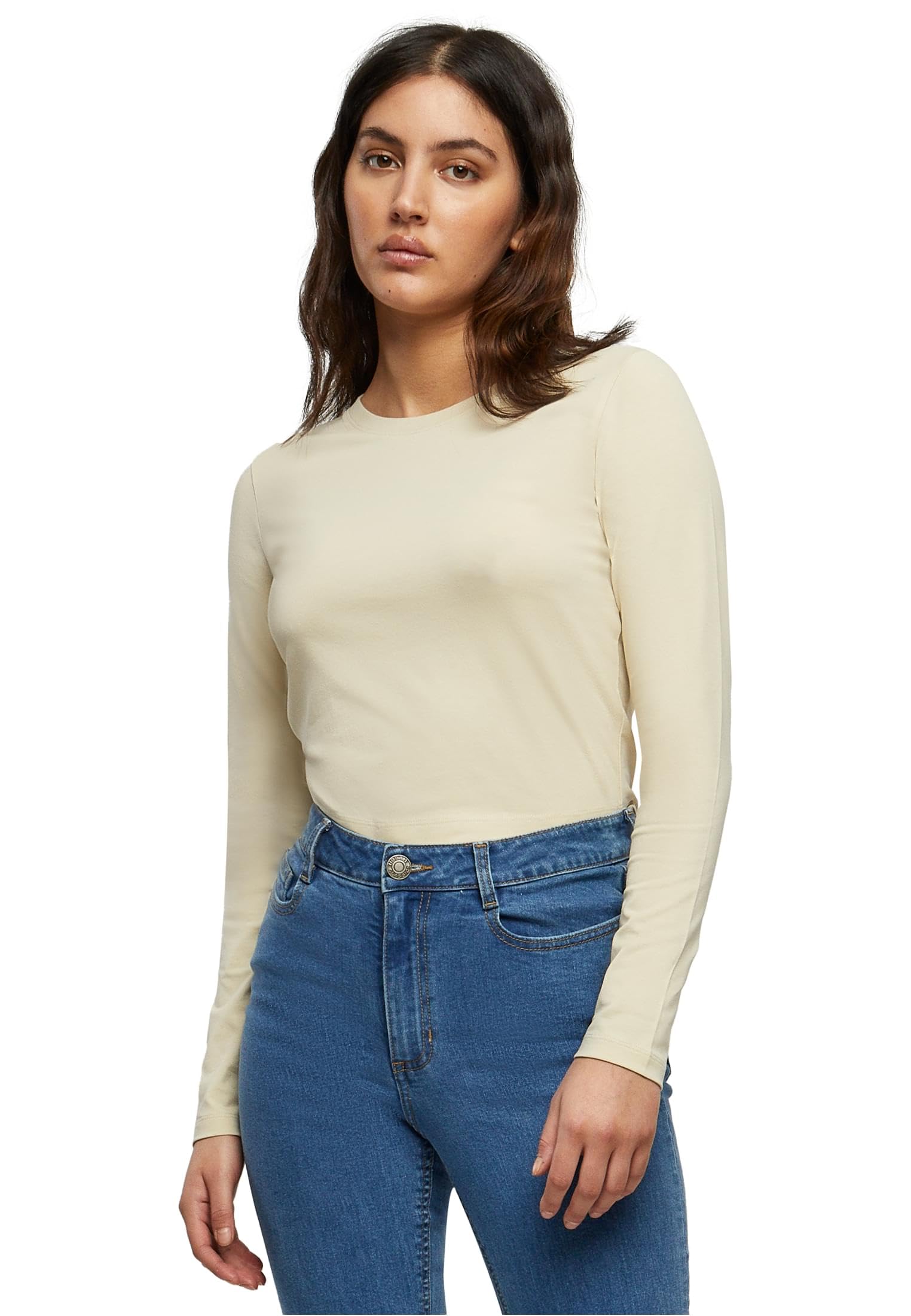 Build your Brand Ladies Short Longsleeve T-Shirt, Sand