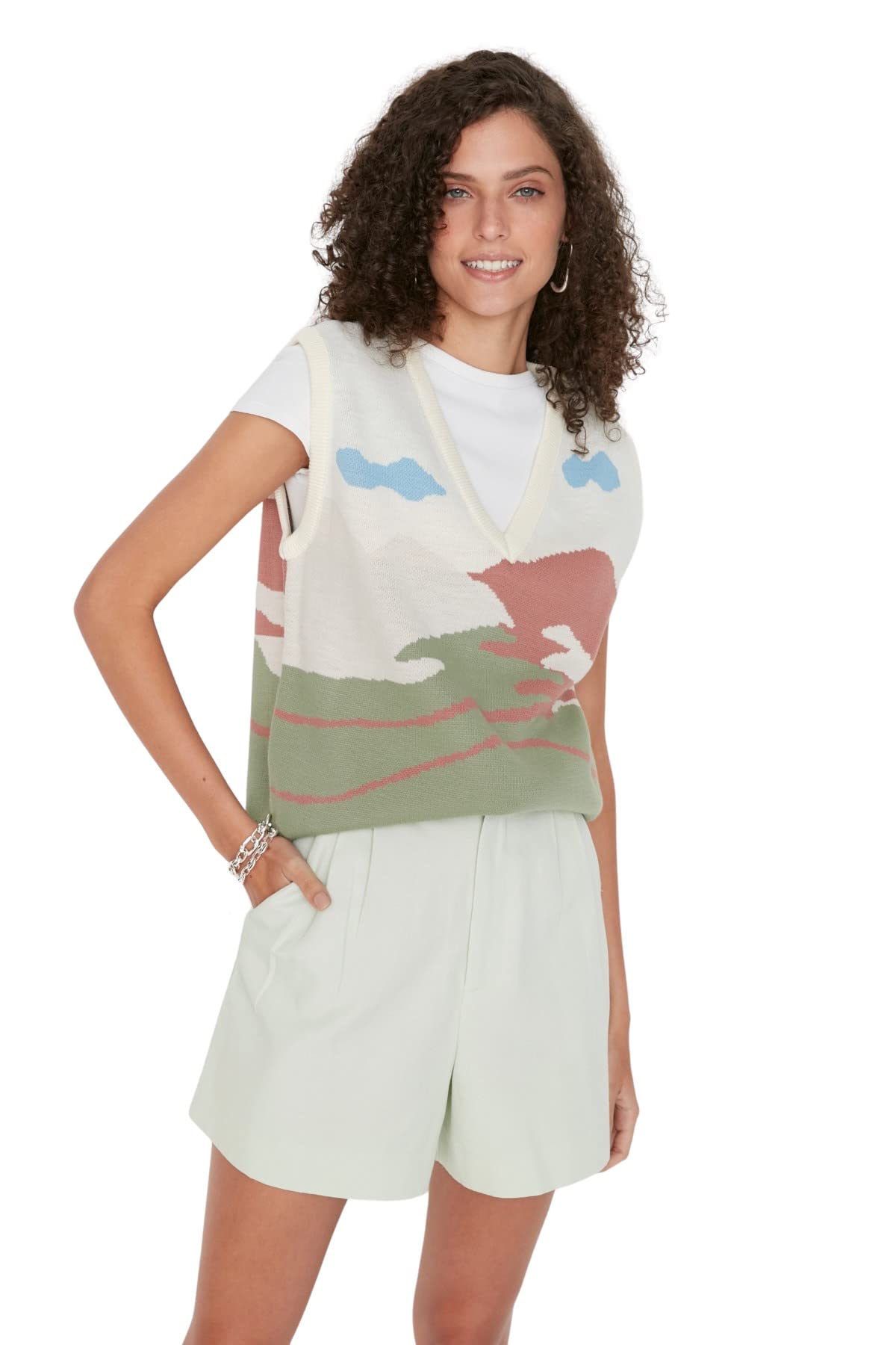 Trendyol Women Regular fit Basic V Neck Knitwear Sweater Ecru