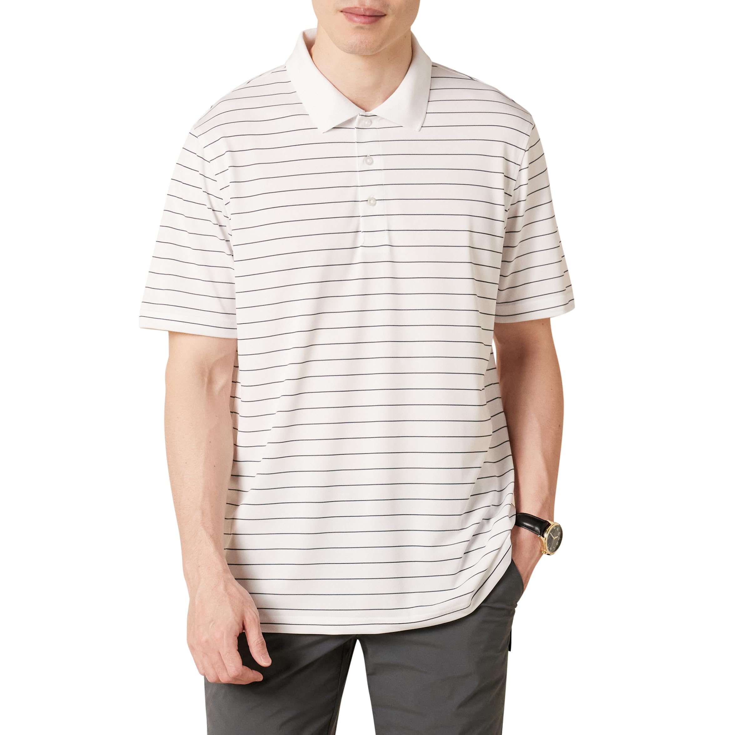 Amazon Essentials Men's Golf Polo Shirt, Moisture-Wicking Quick Dry, Short Sleeve, Black White Thin Stripe, L