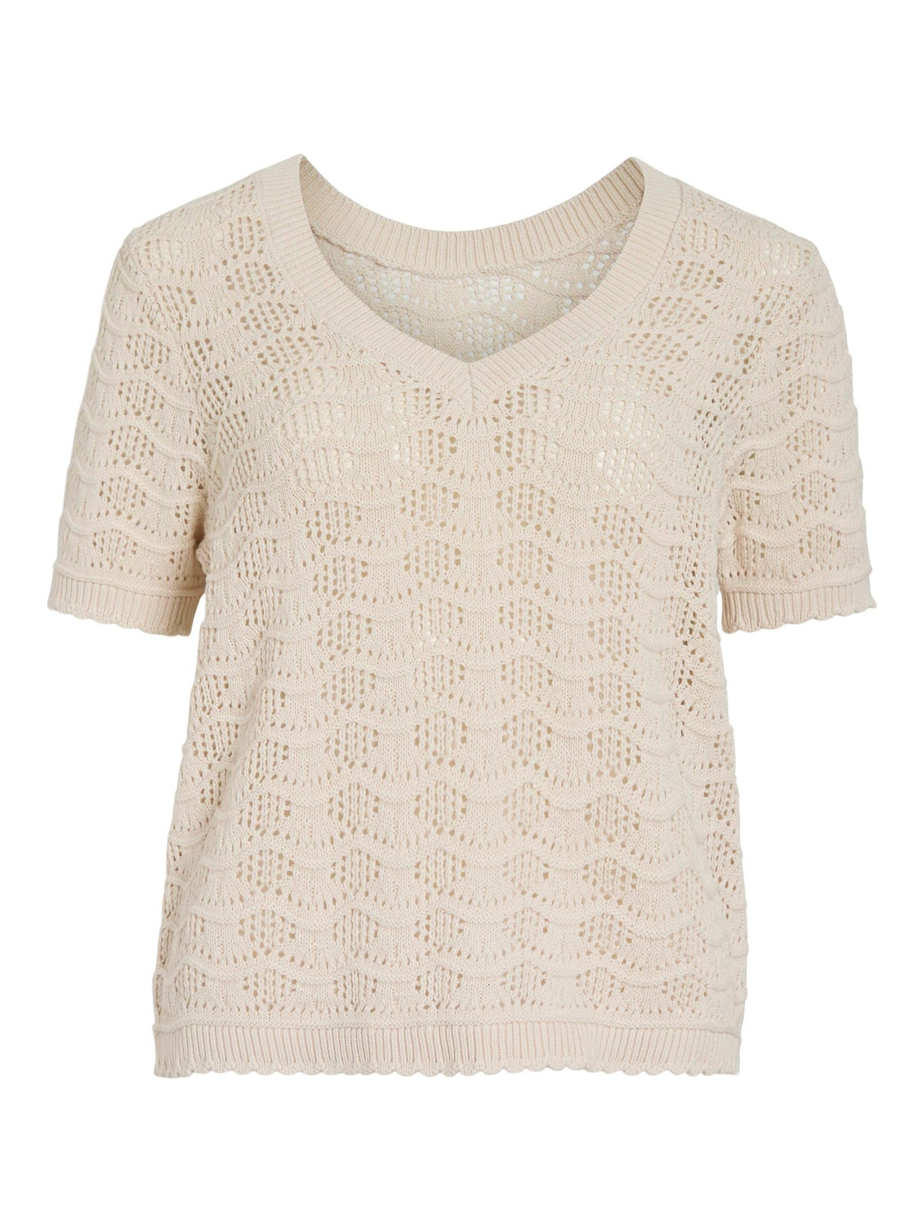 Vila Vicoby V-Neck S/S Knit Top, Birch, M