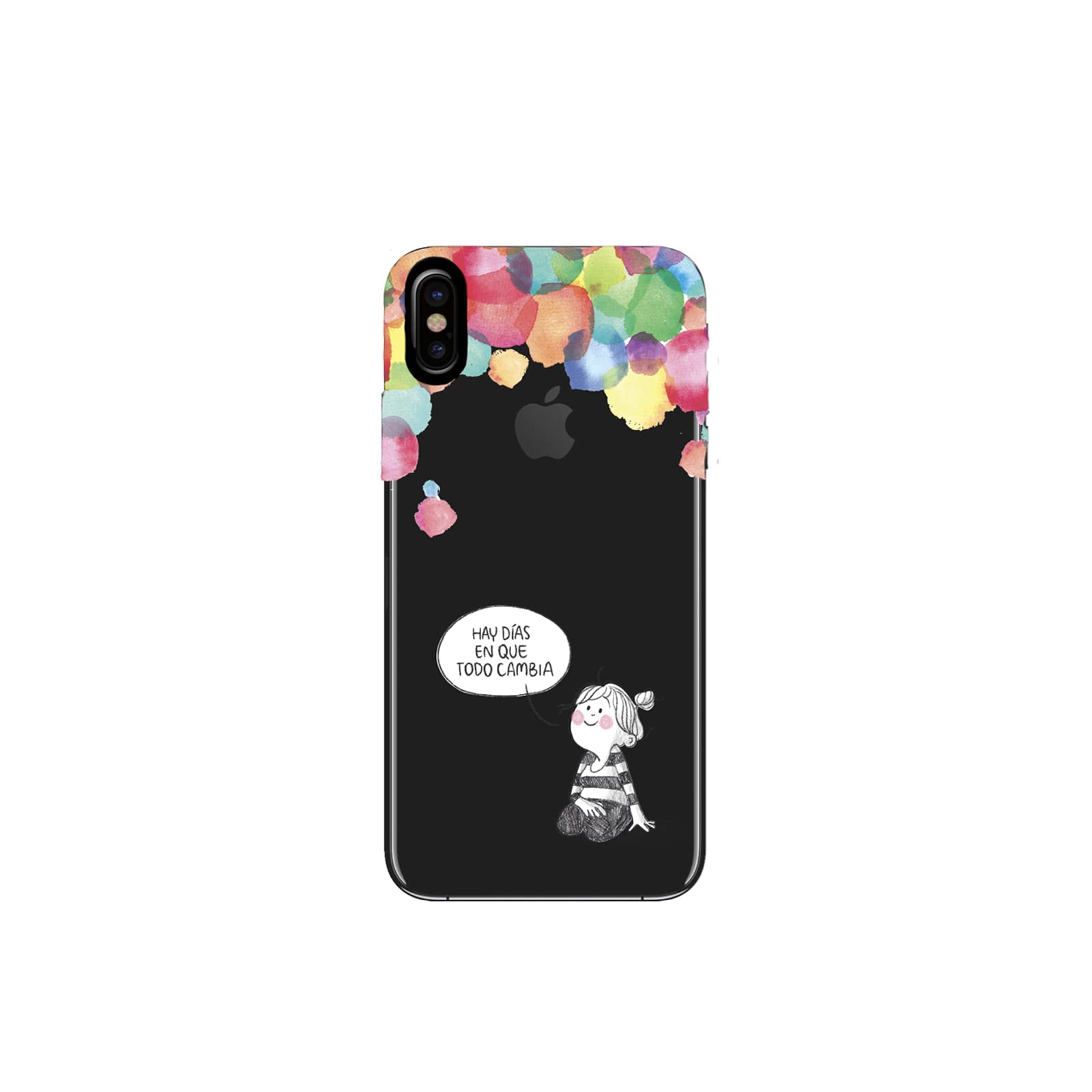TAN TAN FAN Case for iPhone X and iPhone XS Transparent with colorful spots on the top and La Volátil illustration with There are days when everything changes text on the bottom.