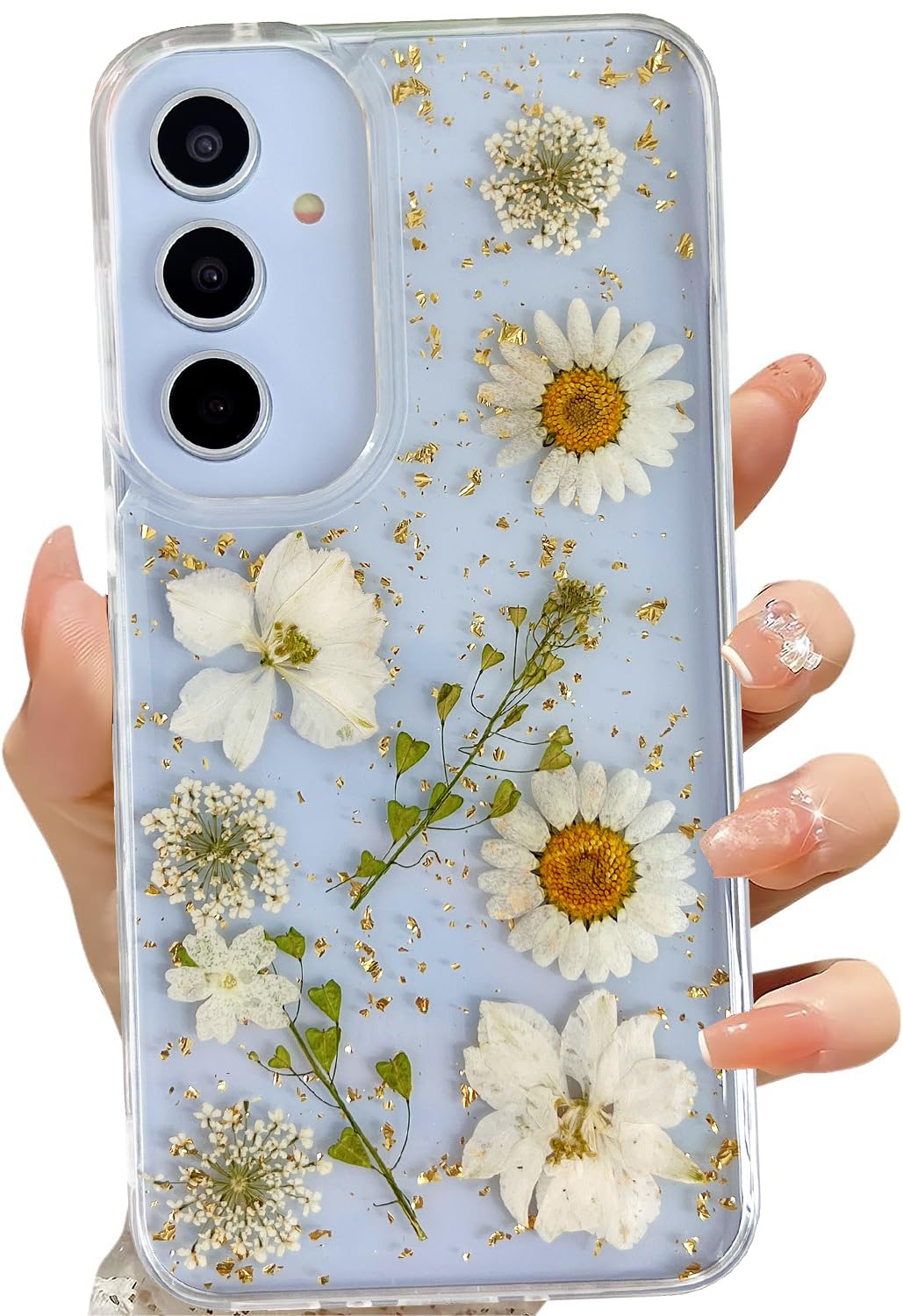 LSEEKA for Samsung Galaxy A35 Clear Case with Pressed Real Dried White Flower Design,Transparent Glitter Cute Floral Slim Soft TPU Protective Phone Cover for Samsung Galaxy A35