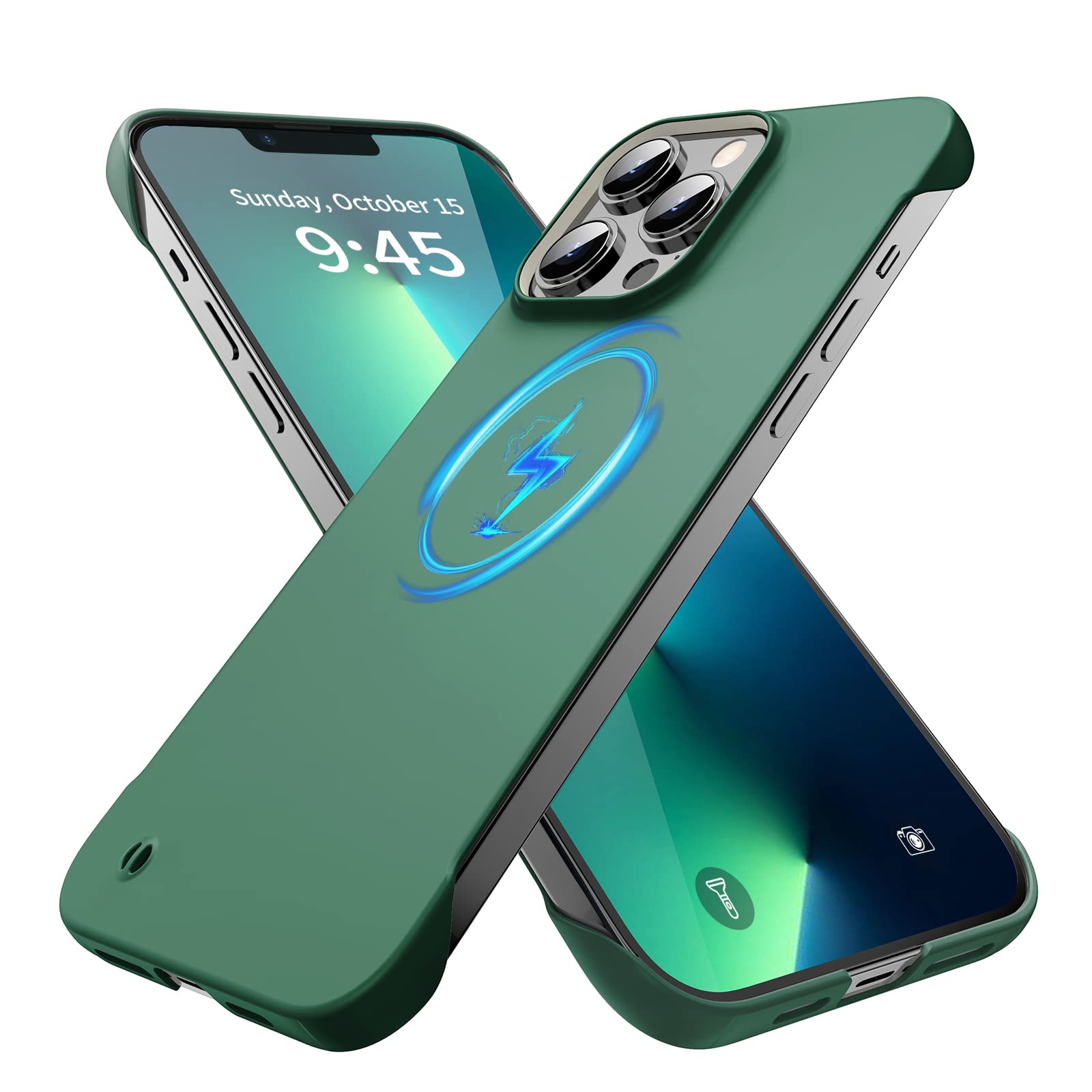 GRECAZO Magnetic Slim Case Fit for iPhone 13 Pro Phone Case 6.1"(2021) Ultra-Thin Lightweight Durable Frameless Matte Hard MagSafe Cover Case with Pull Ring Shockproof Non Slip Rope-Dark Green