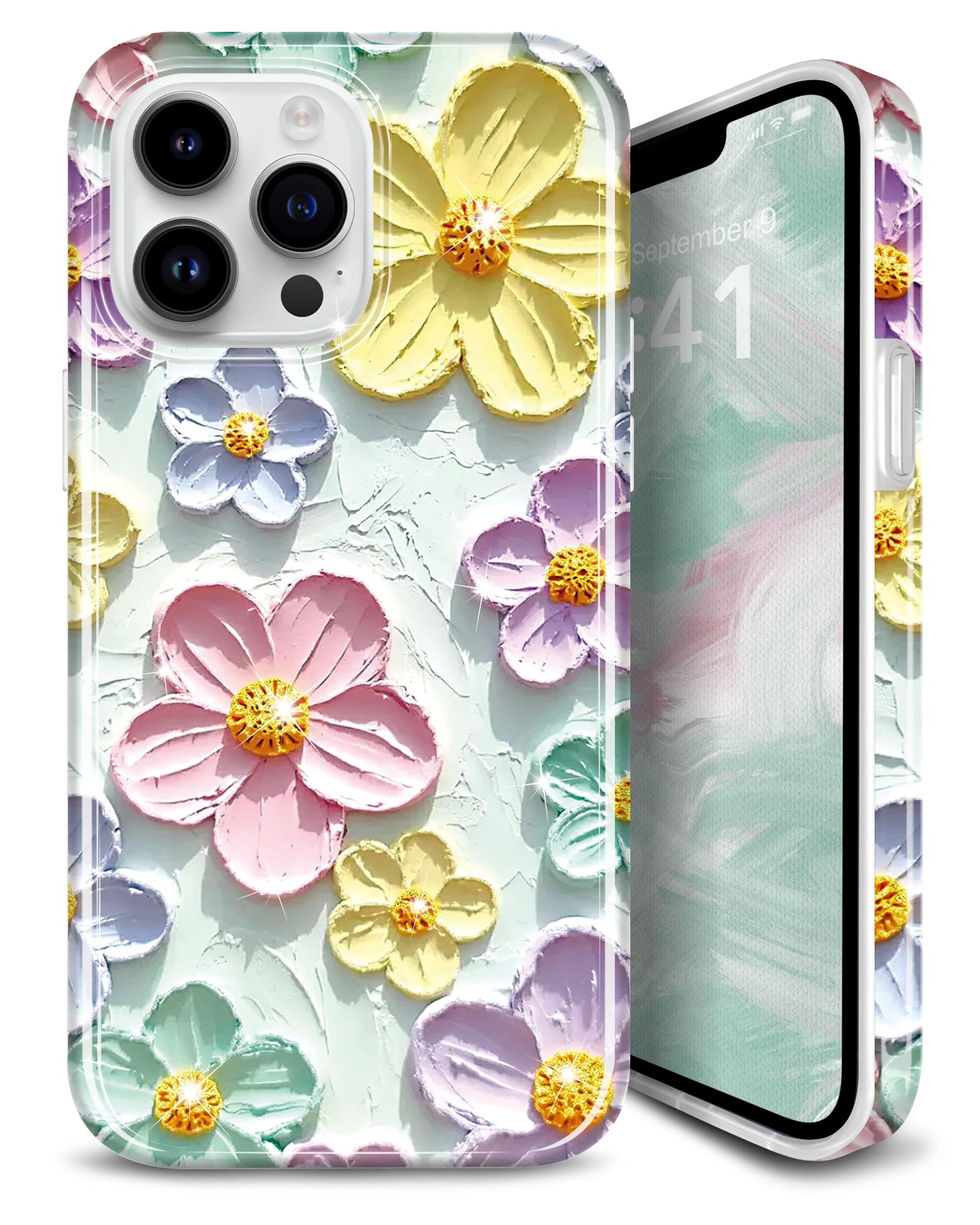 JIAXIUFEN Case for iPhone iPhone 14 Pro Max Sparkle Glitter Retro Oil Painting Printed Flower Design Slim Shockproof Protective TPU Soft Silicone Cover Phone Case Mint Colorful