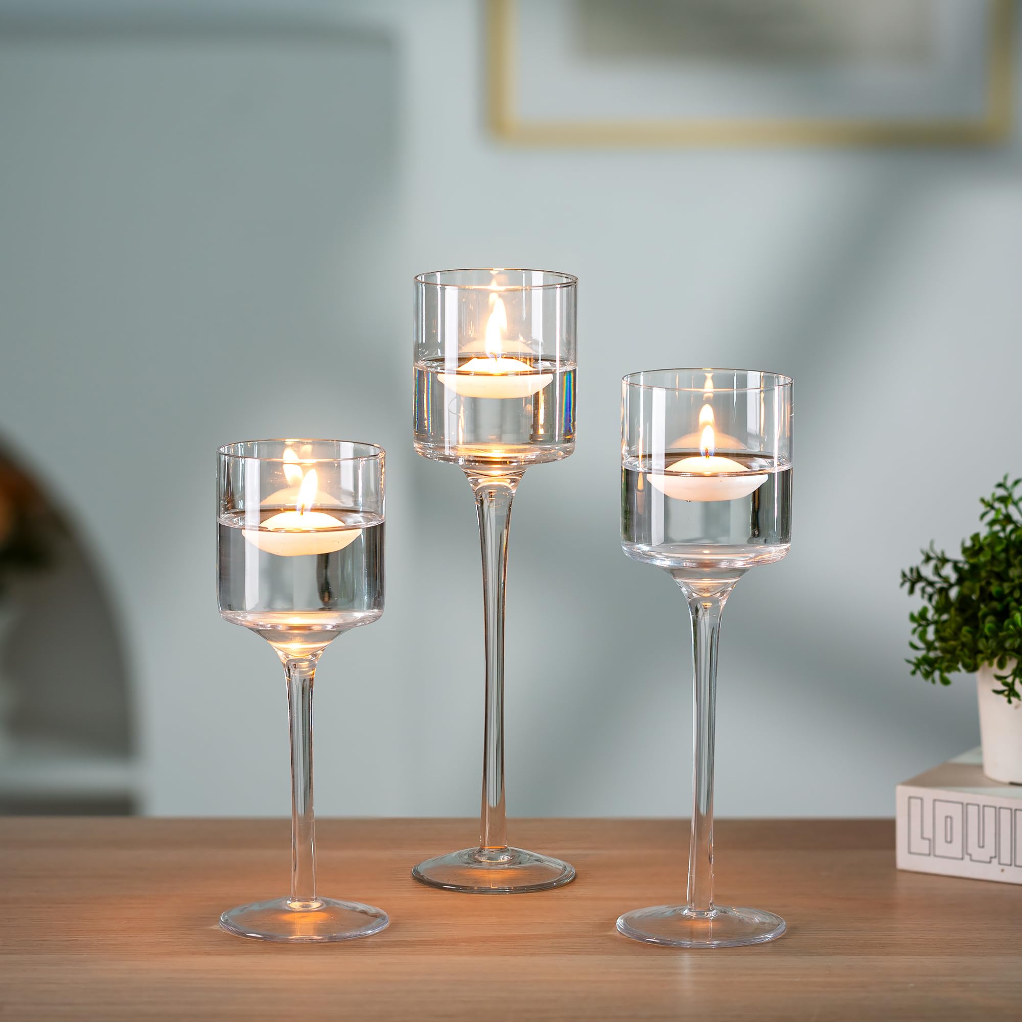 Nuptio Tea Light Candle Holders - 3 Pcs Glass Candle Holder For Tealight & Floating Candles, Tall Elegant Pillar Candle Holder For Wedding Party Table Christmas Centrepieces Living Room Home Decor