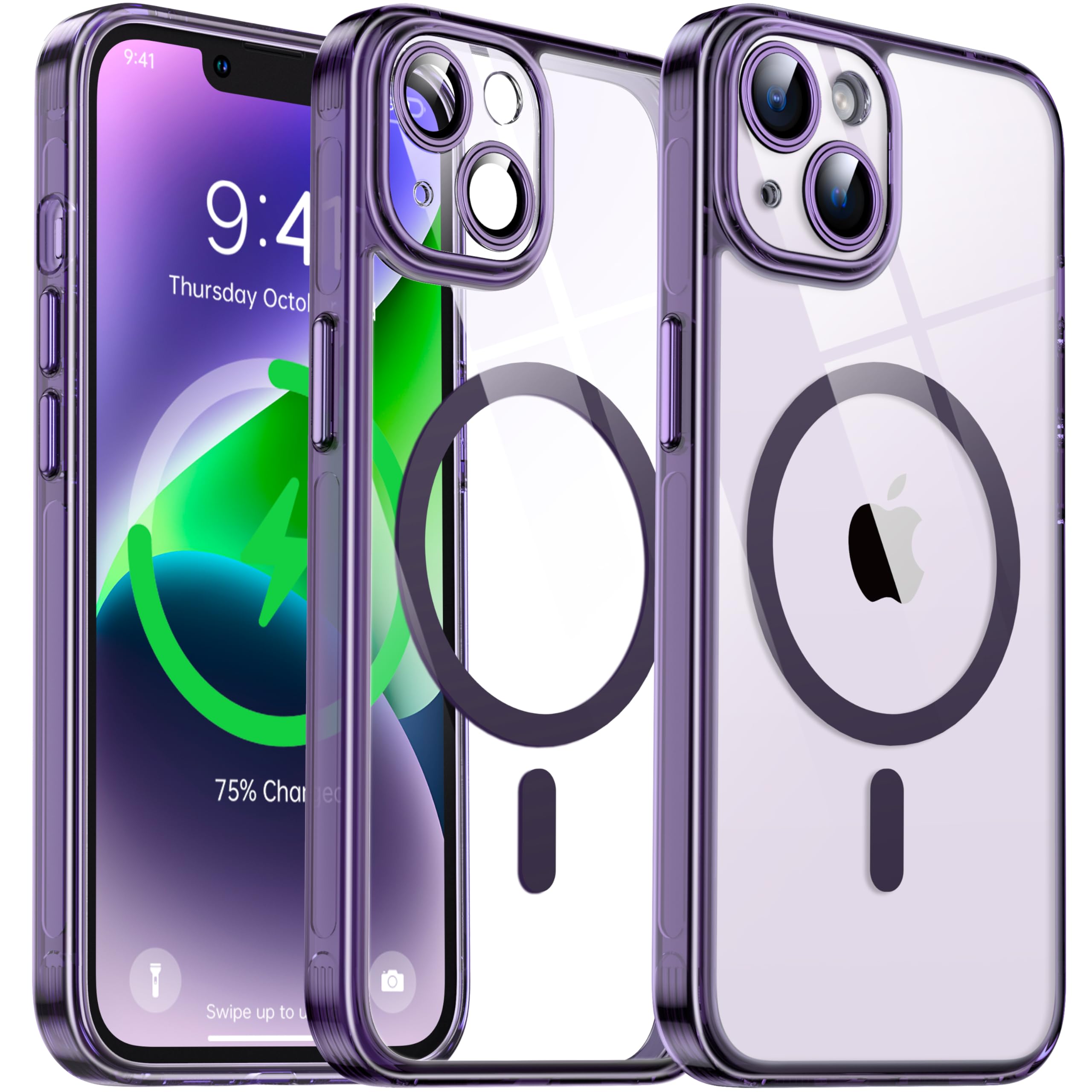 Flyzoo Clear Magnetic Case for iPhone 14 Plus (6.7'') Compatible with MagSafe & Camera Protector, [Non-Yellowing] [Shockproof & Antiscratch Protection] Hard Transparent Cover with Silicone, Purple