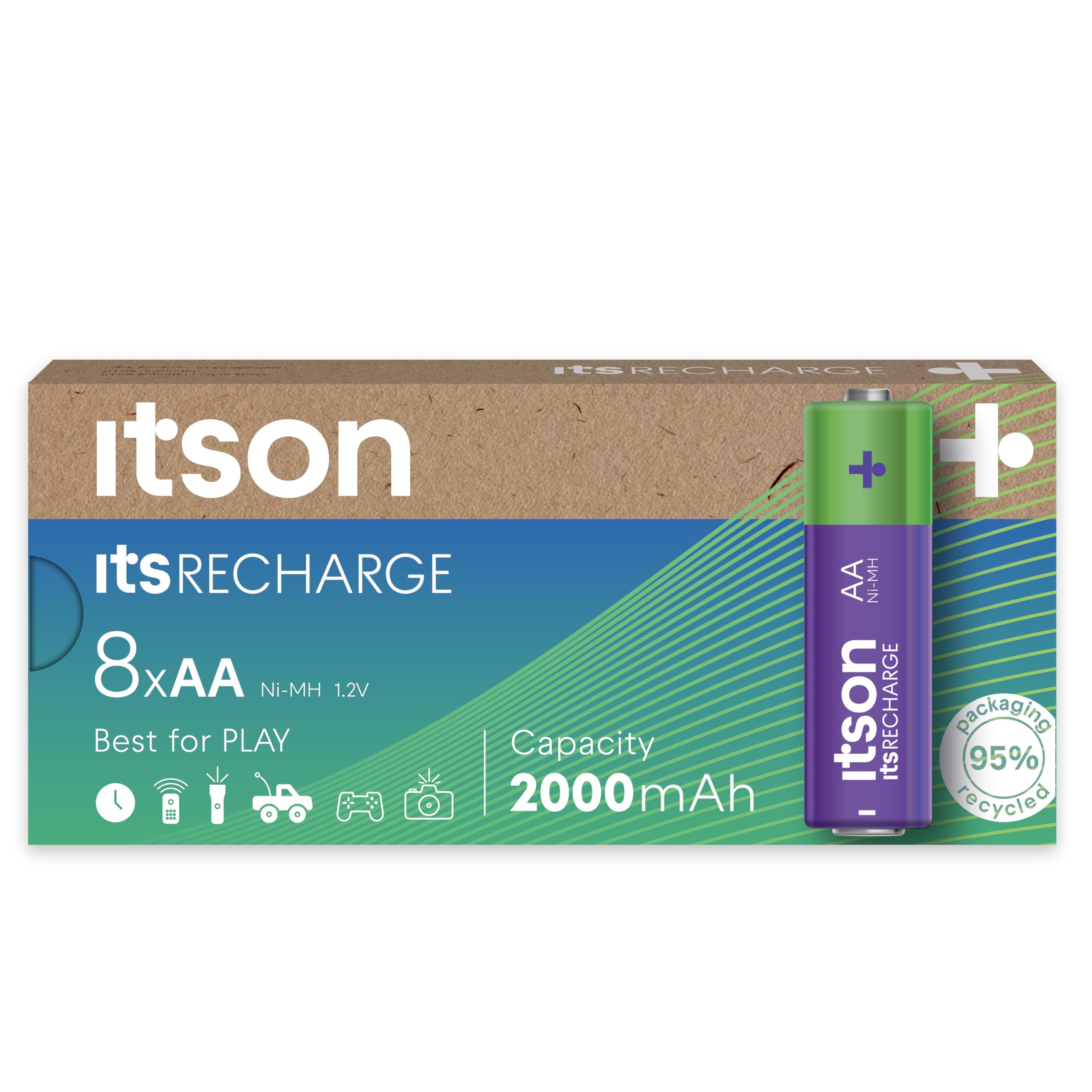 ITSON, AA rechargeable battery, pack of 8, min. capacity of 2000 mAh, pre-charged, packaging made of 95 Percent recycled materials, made in Japan, best for remote controls, torches, clocks