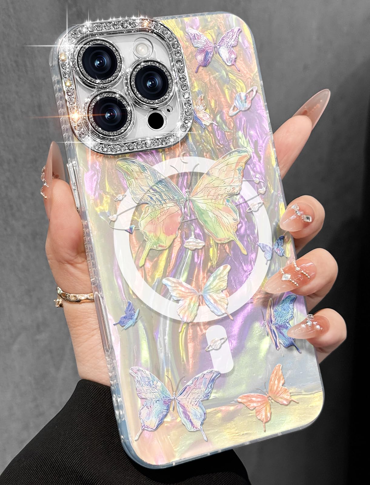 Toycamp for iPhone 16 Pro Max Case - Compatible with Magsafe Aesthetic Cute Colored Butterfly Holographic i 16 ProMax Case with Diamond Bling Lens Protector for Apple 16 Pro Max Cover for Women Girls