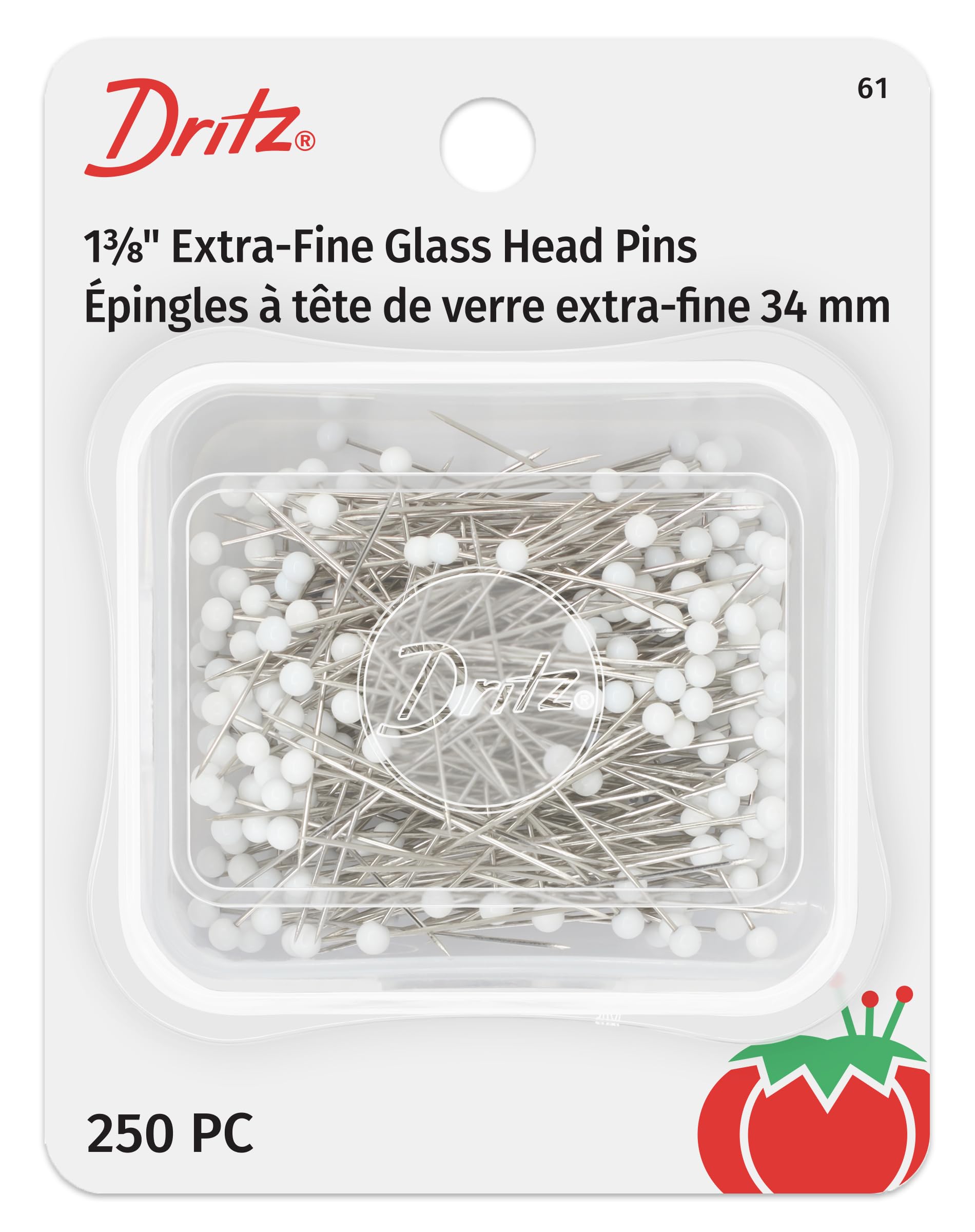 Dritz 61 Glass Head Pins, Extra Fine, 1-3/8-Inch (250-Count) , White
