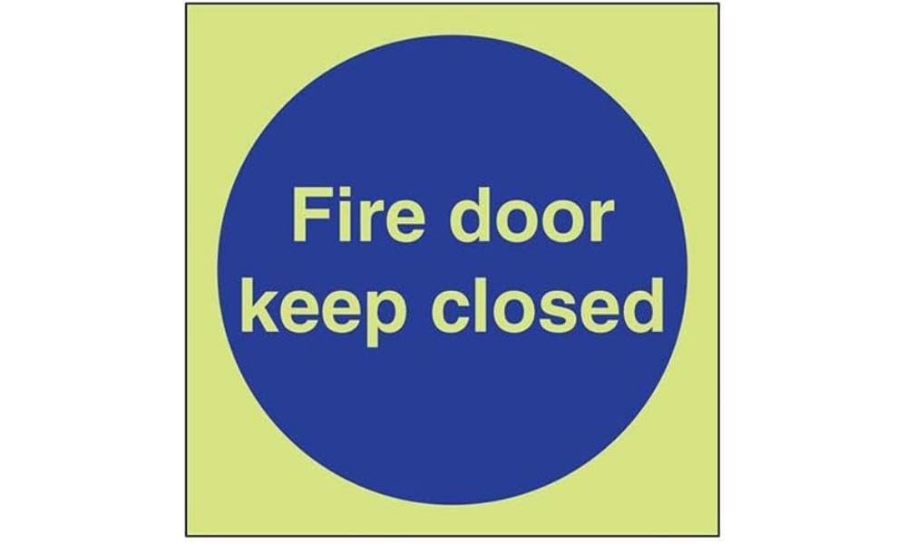V Safety Glow In The Dark Fire Door Keep Closed Sign - 150mm x 150mm - Self Adhesive Vinyl