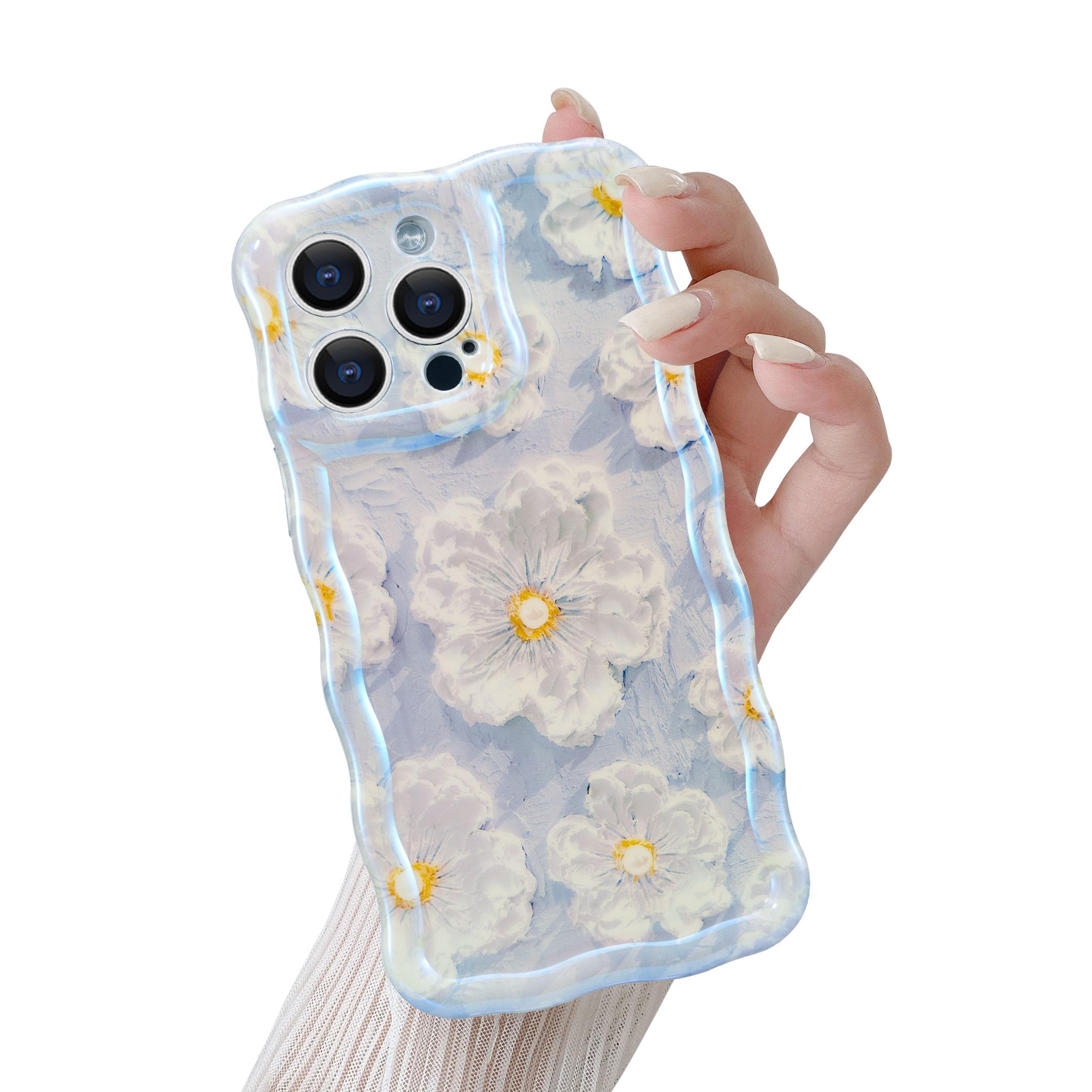 QLTYPRI for iPhone 15 Pro Max Case, Oil Painting Floral Flower Pattern Design for Girls Women, Cute Curly Wave Frame Slim Soft Silicone TPU Bumper Shockproof Phone Cover for iPhone 15 Pro Max-Blue