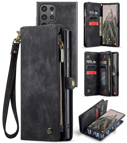 Hongxinyu Wallet Case Compatible with Samsung Galaxy S25 Ultra, Zipper Purse Leather Wallet with Magnetic Detachable Shockproof TPU Bumper Phone Case, Card Holder and Wrist strap for Men Women (Black)