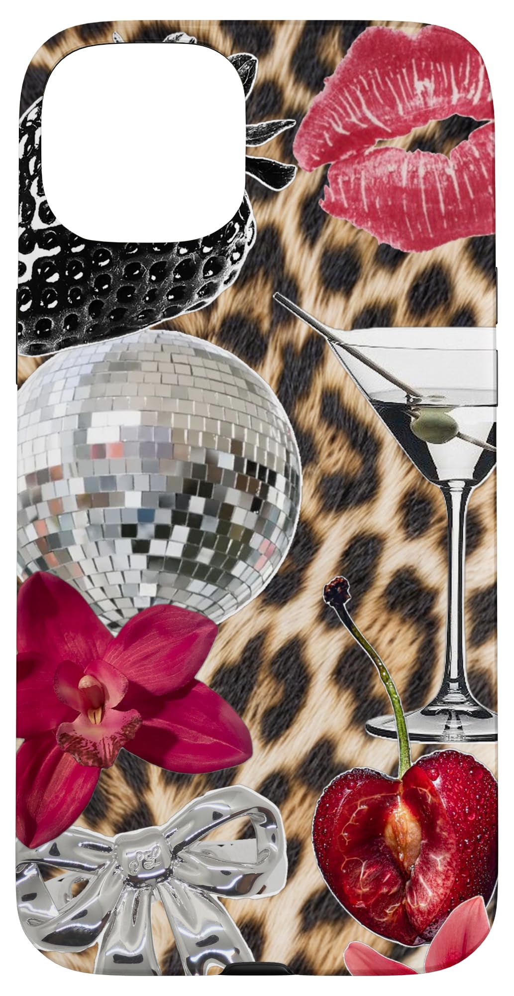 iPhone 15 Plus Leopard Girl Ball Disco Cherry Y2K Orchids Flowers Martini Case